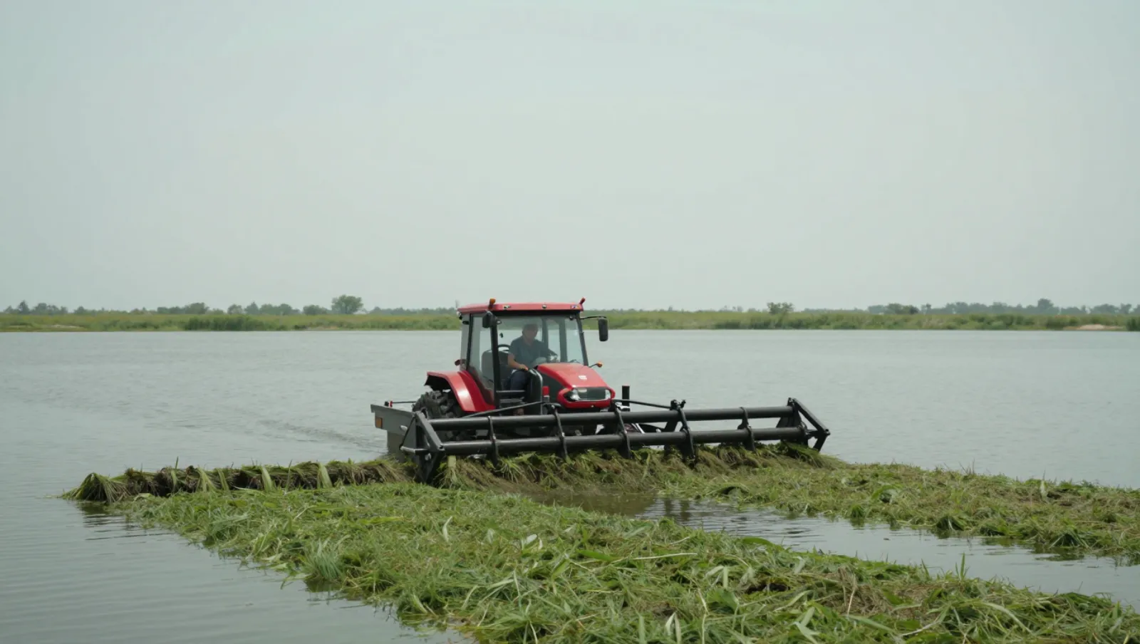 Aquatic Vegetation Removal Solutions for Houston Area Red tractor harvests aquatic plants on a wetland shore near open water — Daniel Dean Land Clearing, Southeast Texas