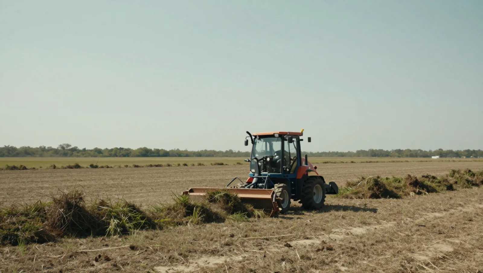 A red and blue tractor clears vegetation in a dry field under clear skies — Daniel Dean Land Clearing, Southeast Texas