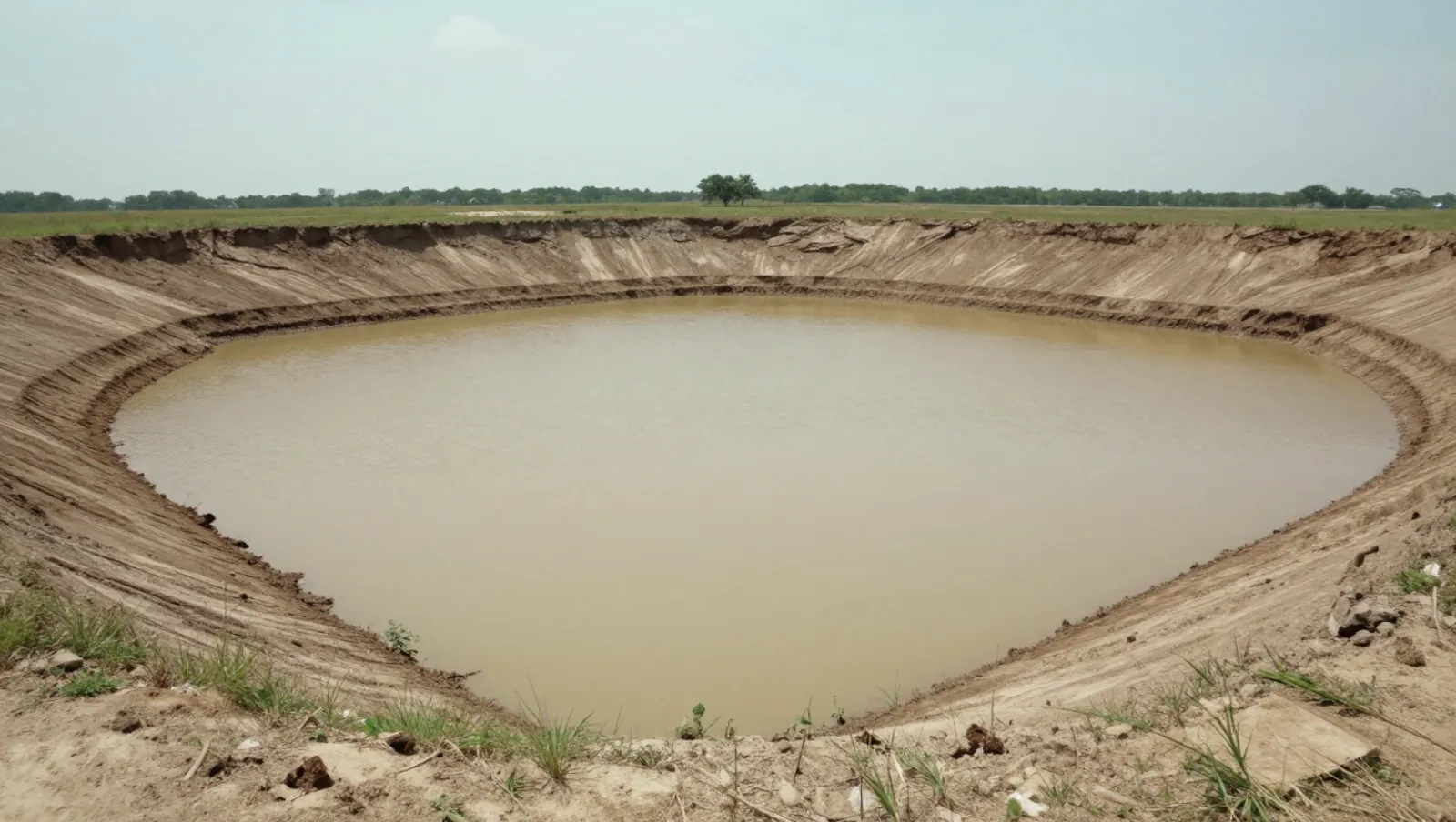 Flat terrain has a large circular excavation pit holding murky water; no machinery visible for work — Daniel Dean Land Clearing, Southeast Texas