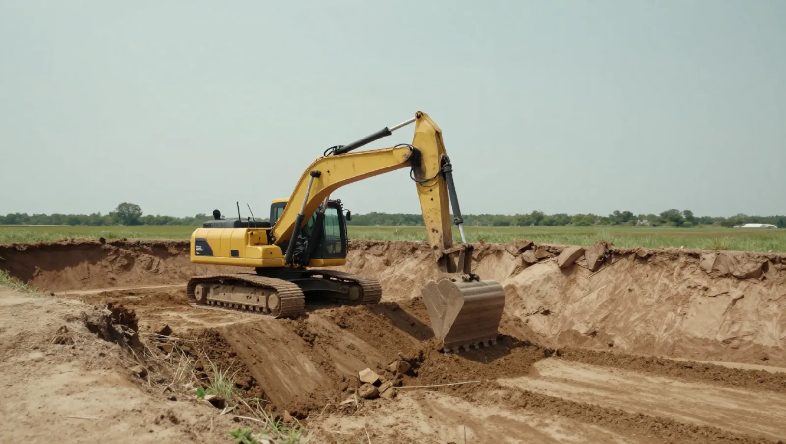 Pond Digging Companies How to Choose the Right Contractor Yellow excavator digs trench in loose dirt on open construction site — Daniel Dean Land Clearing, Southeast Texas