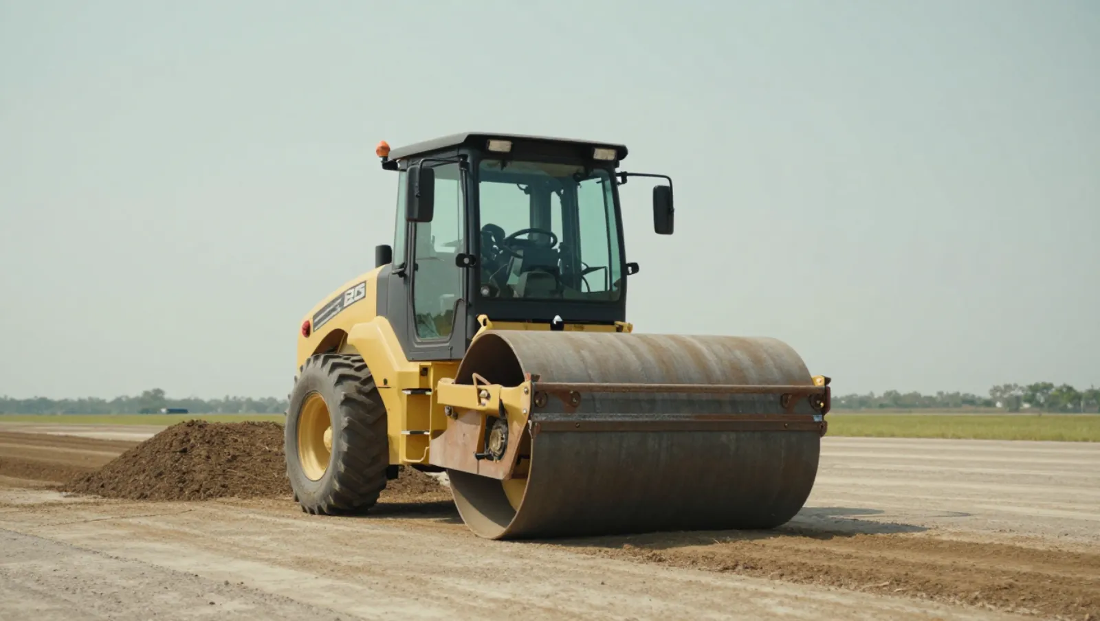Commercial and Residential Dirt Services Difference | Daniel Dean A yellow road roller compacts soil on a flat dirt field — Daniel Dean Land Clearing, Southeast Texas