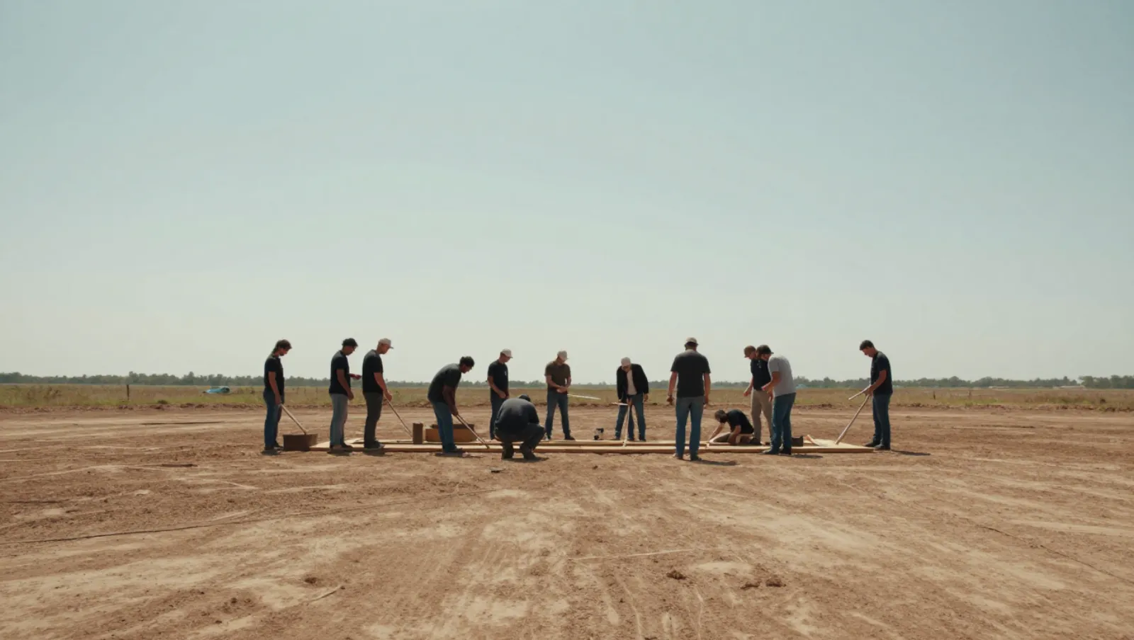Construction Dirt Work Guide: Steps to Prepare a Foundation Workers use shovels and levels to lay foundations on dry dirt ground with no heavy machinery present — Daniel Dean Land Clearing, Southeast Texas