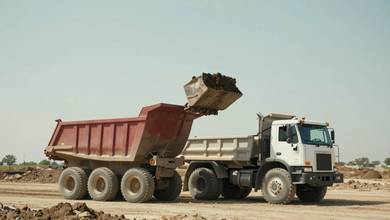 Construction Houston TX: Questions to Ask Before Hiring a Builder Excavator bucket loads soil into a dump truck on a dusty construction terrain — Daniel Dean Land Clearing, Southeast Texas