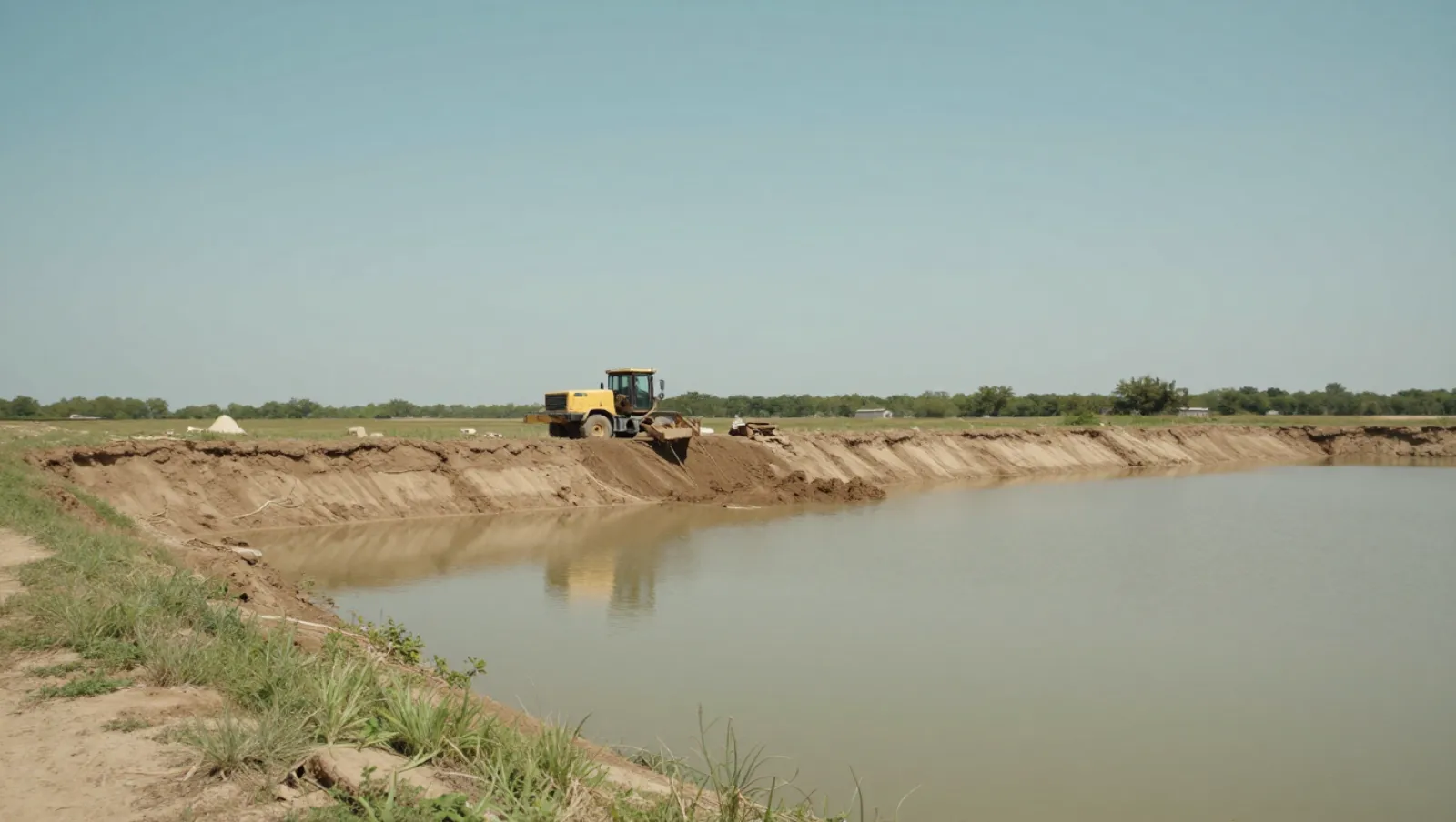 A yellow bulldozer moves soil on a muddy embankment beside calm water for earthworks — Daniel Dean Land Clearing, Southeast Texas