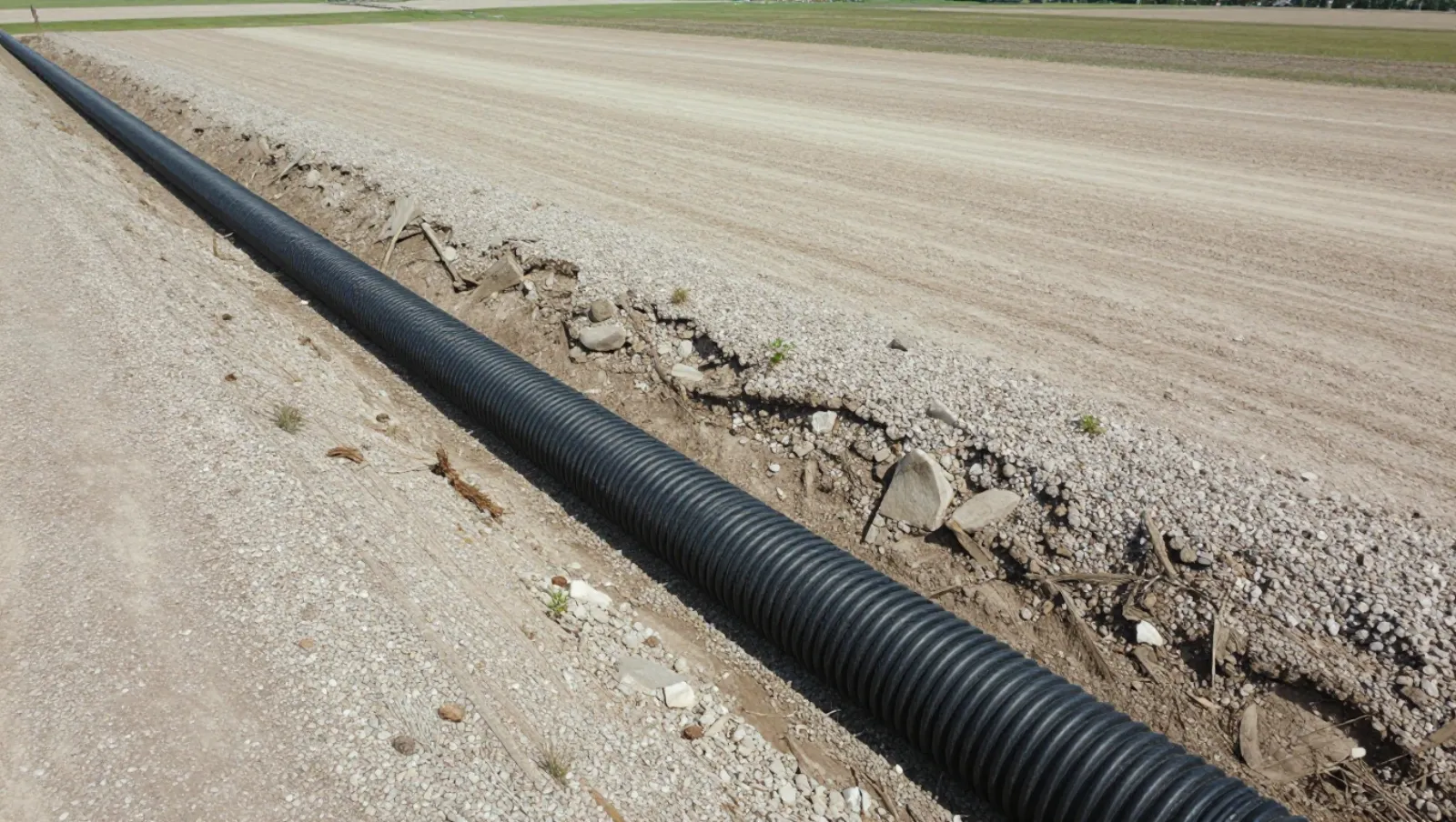 Black corrugated pipe laid in gravelly field trench for infrastructure installation — Daniel Dean Land Clearing, Southeast Texas