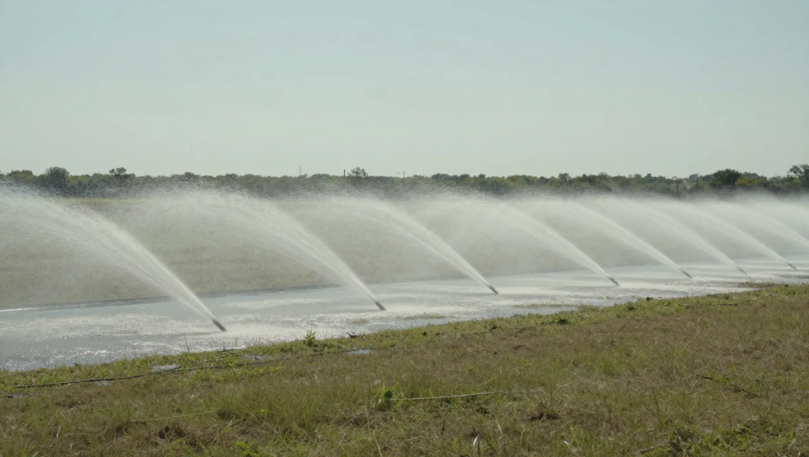 Drainage Contractors Near Me: Standing Water Won't Drain Out Center-pivot irrigation systems spray water across a grassy field beside a pond for crop watering — Daniel Dean Land Clearing, Southeast Texas