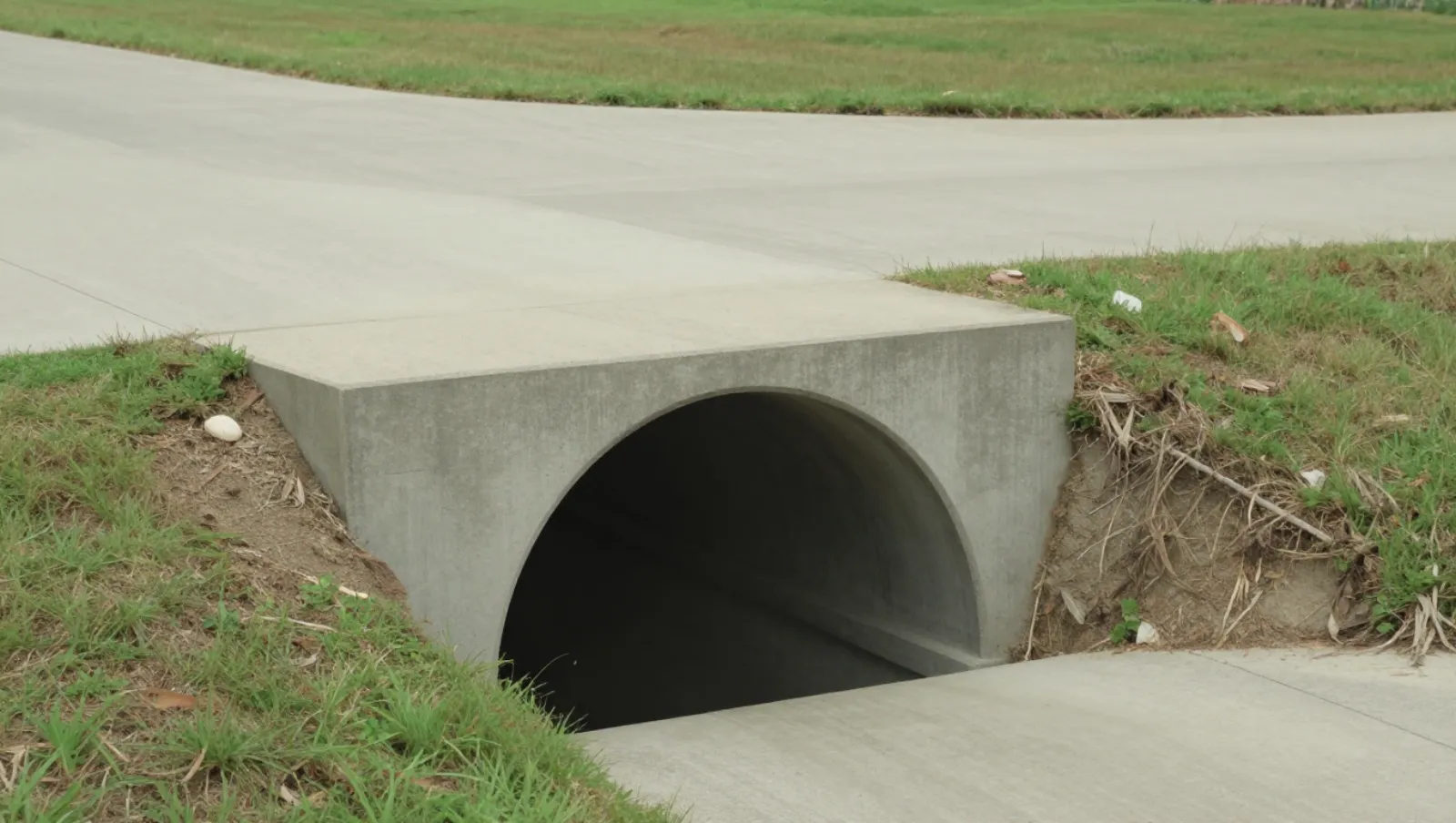 Concrete culvert beneath paved road on grass terrain for drainage work — Daniel Dean Land Clearing, Southeast Texas