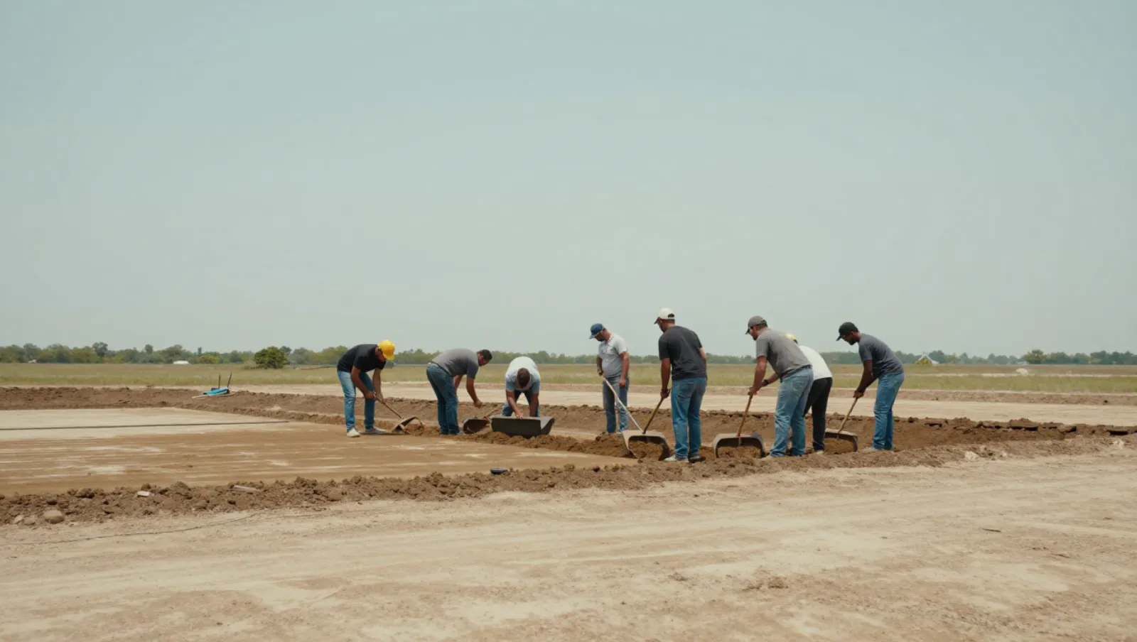 Workers use shovels to dig and level soil on an open dirt construction site — Daniel Dean Land Clearing, Southeast Texas