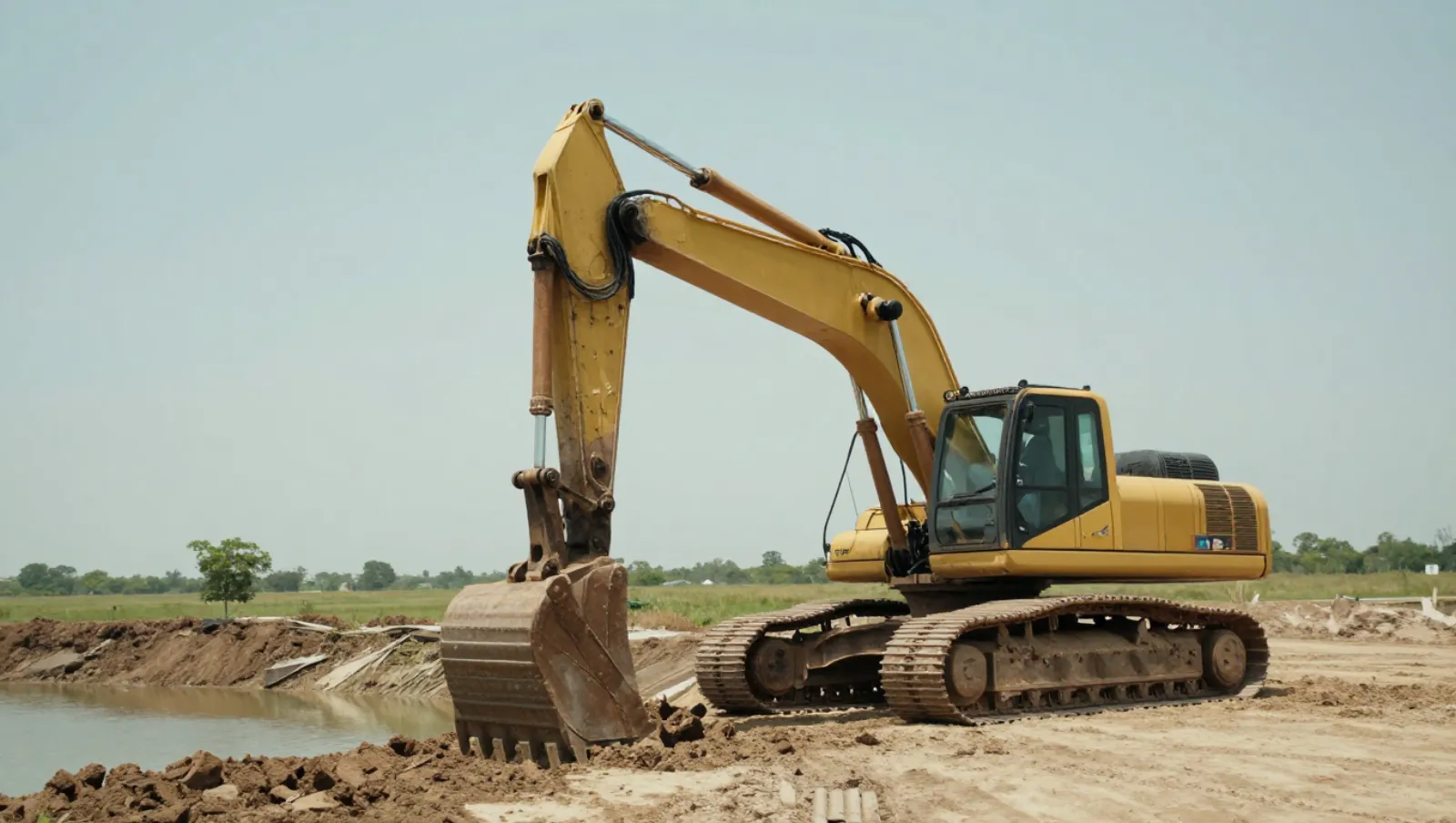 Yellow excavator digs earth on a muddy construction site beside water — Daniel Dean Land Clearing, Southeast Texas