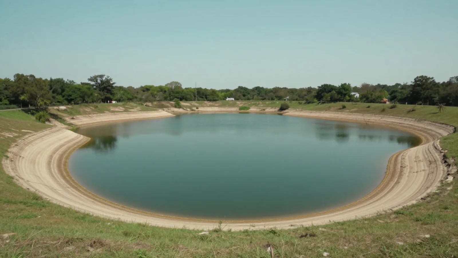 Earthworks on grassy terrain create a large circular water reservoir with sandy embankments; no machinery present — Daniel Dean Land Clearing, Southeast Texas