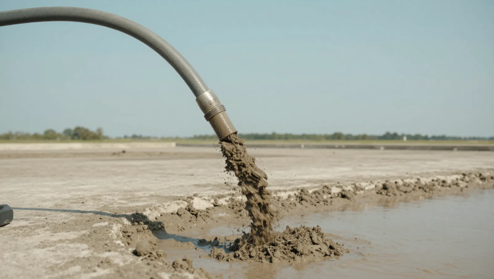 Homemade Pond Dredge in Texas: What Works and What Doesn’t Pump hose sprays mud onto an open field during soil work — Daniel Dean Land Clearing, Southeast Texas