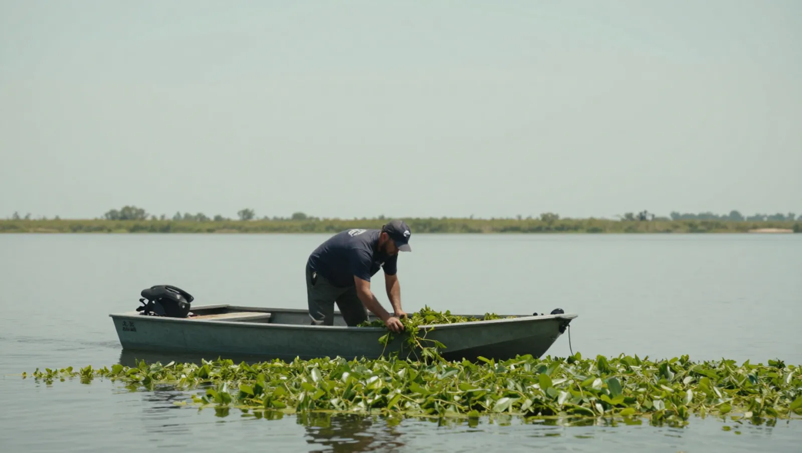 Man in a boat collects floating aquatic vegetation on calm water — Daniel Dean Land Clearing, Southeast Texas