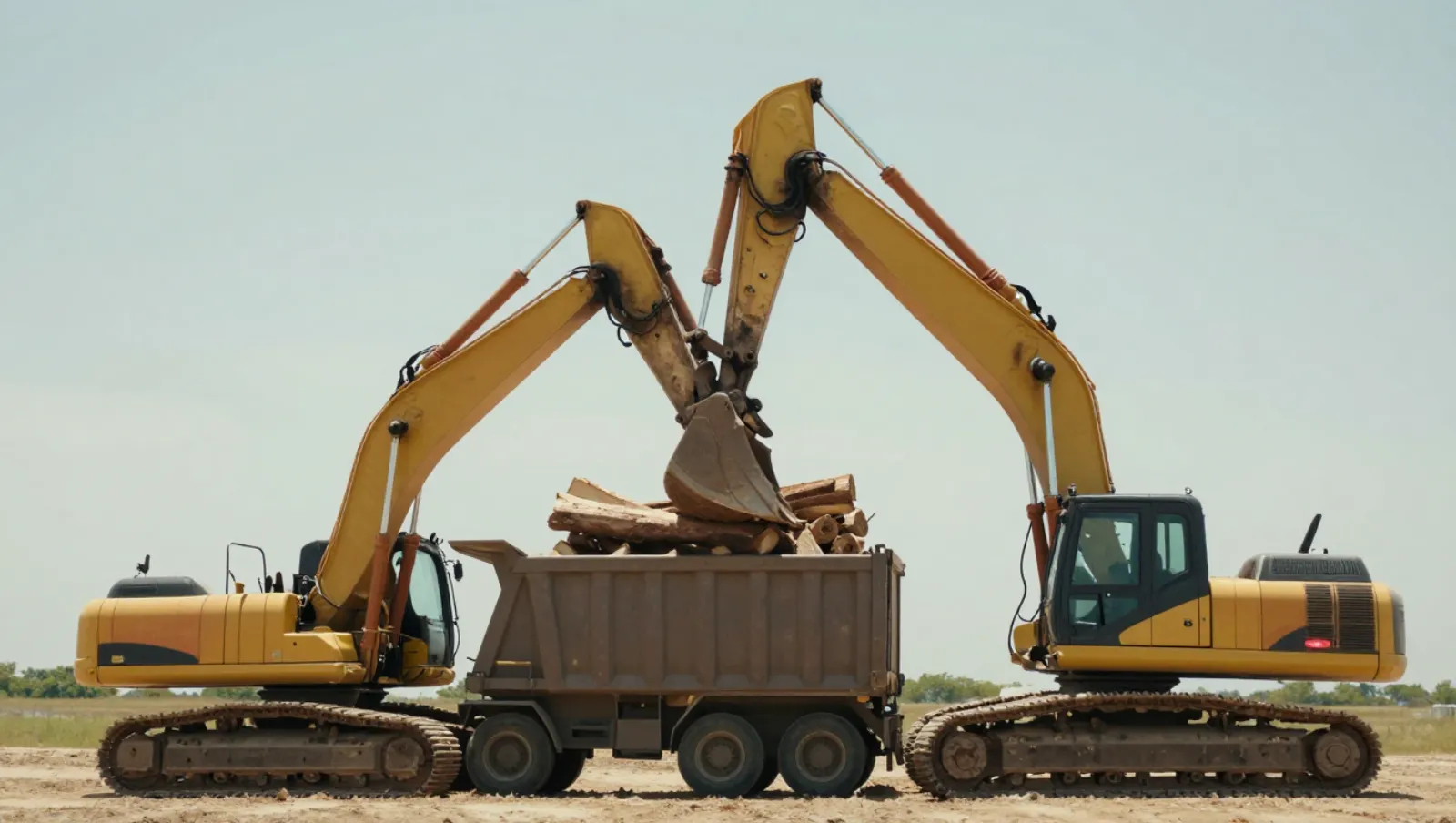 How Much Does It Cost to Clear Land in 2025? Two yellow excavators load logs into a dump truck on a dirt field — Daniel Dean Land Clearing, Southeast Texas