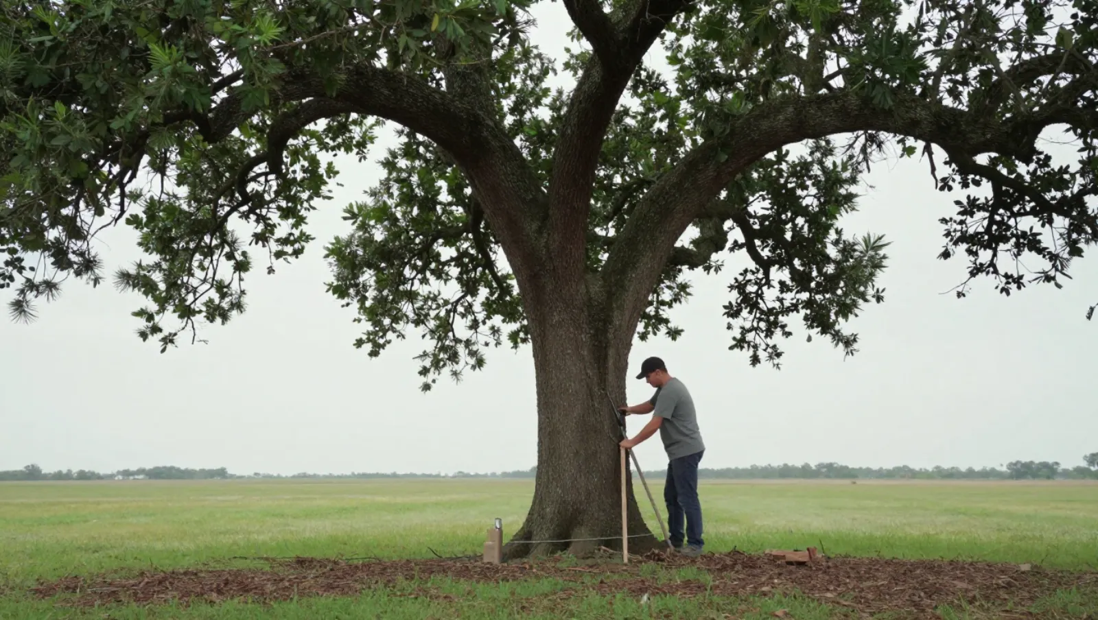 Man uses a tape measure to gauge a large tree’s circumference on flat grassy terrain — Daniel Dean Land Clearing, Southeast Texas