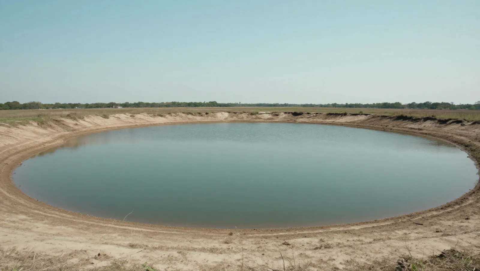 A circular reservoir on flat sandy terrain; construction without visible machinery — Daniel Dean Land Clearing, Southeast Texas