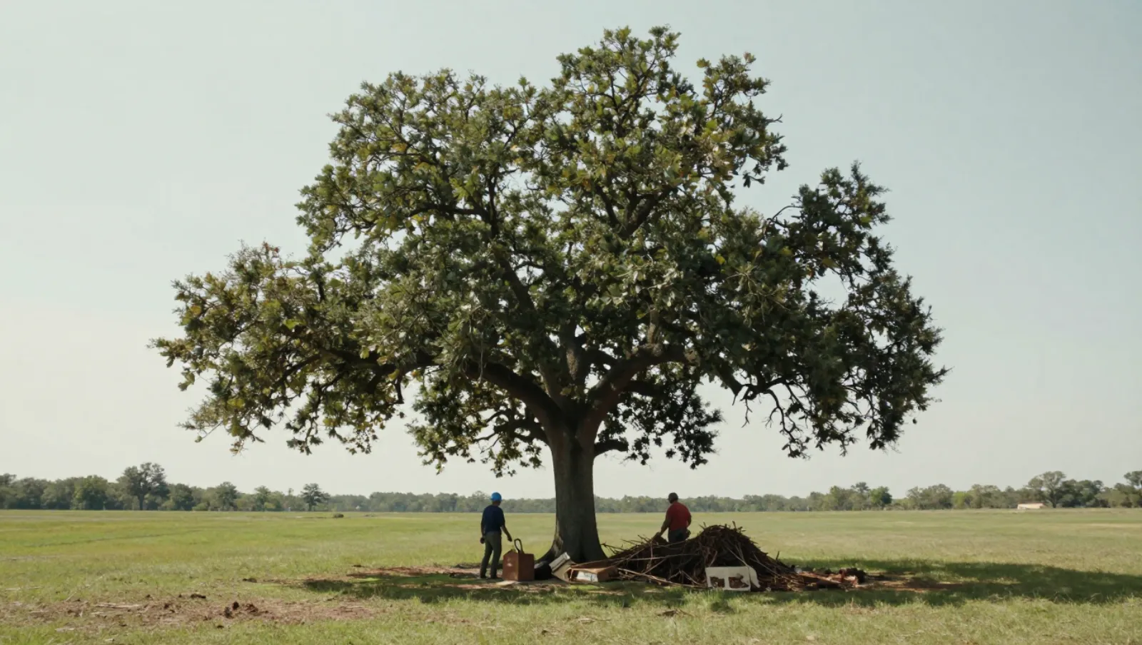 Two men use hand tools to fell a large oak tree in a grassy field — Daniel Dean Land Clearing, Southeast Texas