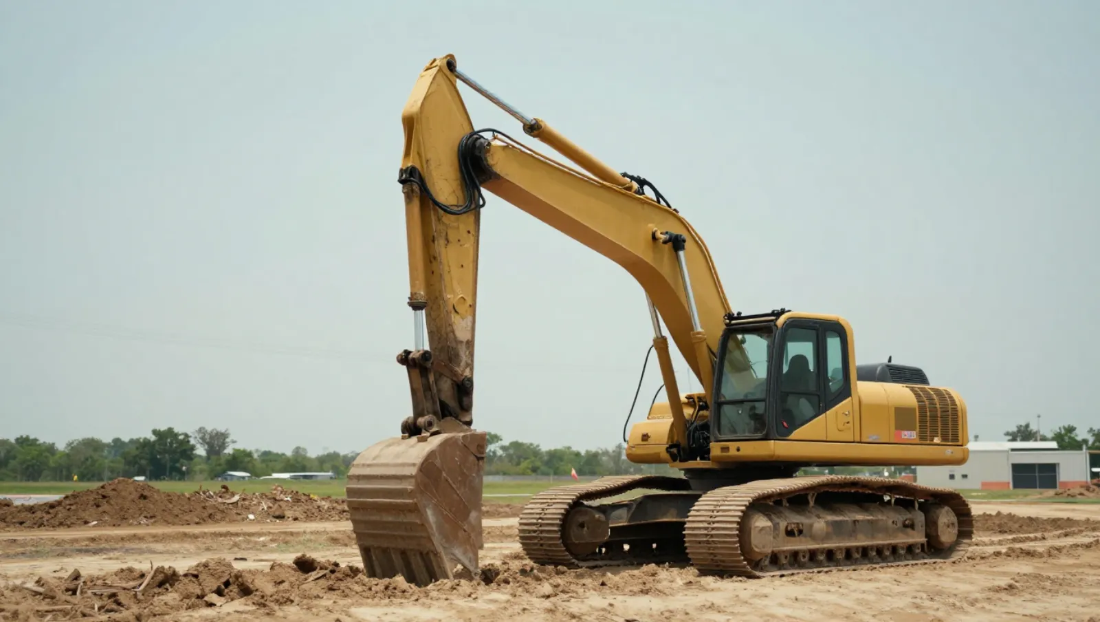 Land Preparation for Building a House in Rural Texas | Daniel Dean Yellow excavator digs on a construction site with dirt piles and tracks — Daniel Dean Land Clearing, Southeast Texas