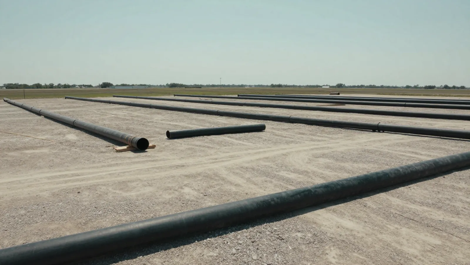 Black pipelines rest on a gravel terrain; work involves pipe preparation for installation — Daniel Dean Land Clearing, Southeast Texas
