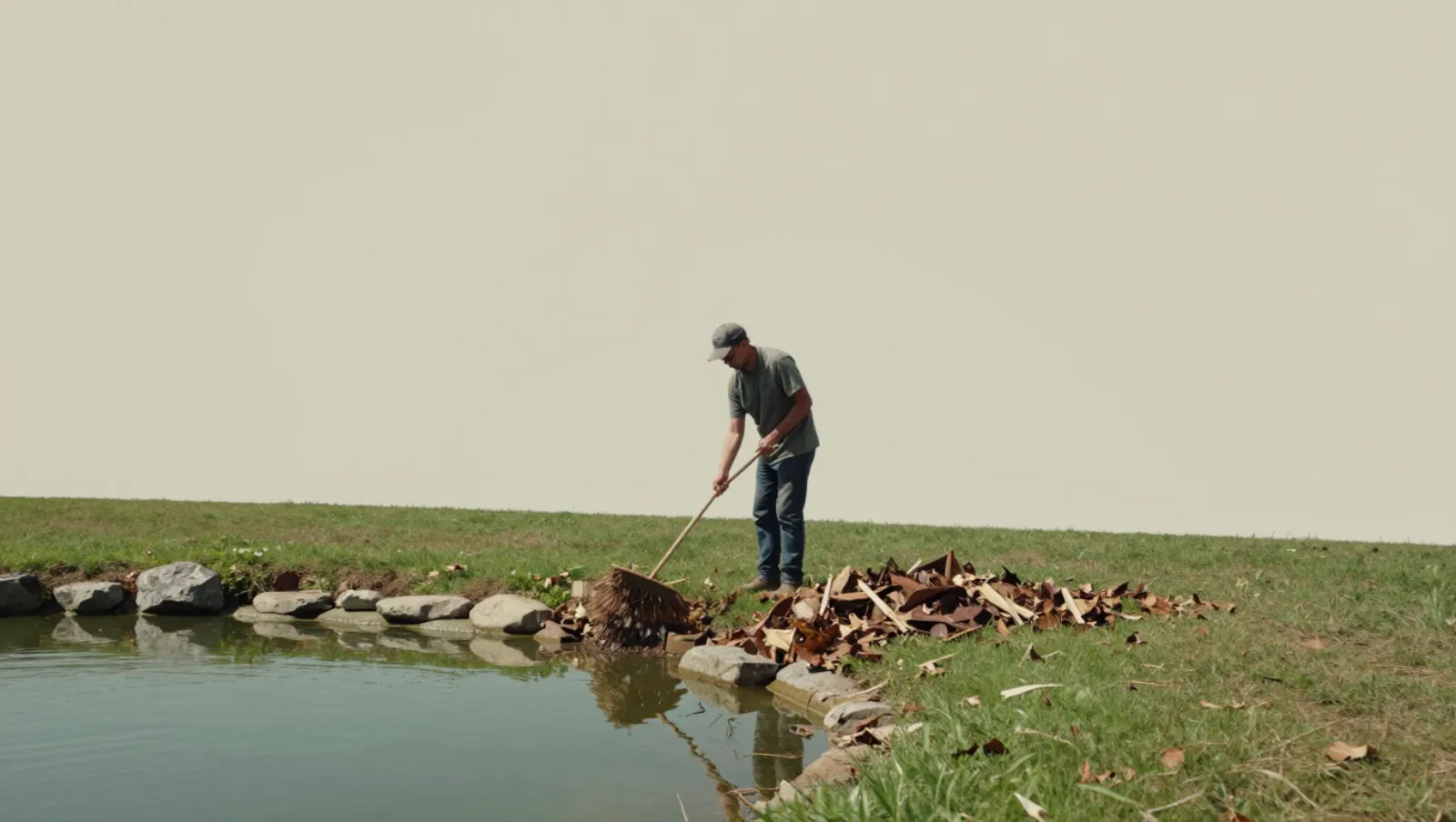 Man rakes leaves and debris from a pond's edge on grassy terrain with rocks — Daniel Dean Land Clearing, Southeast Texas