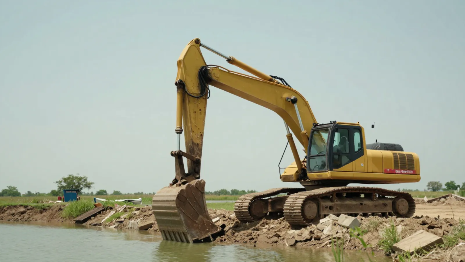 Yellow excavator digs on muddy terrain near water, moving earth with its bucket — Daniel Dean Land Clearing, Southeast Texas