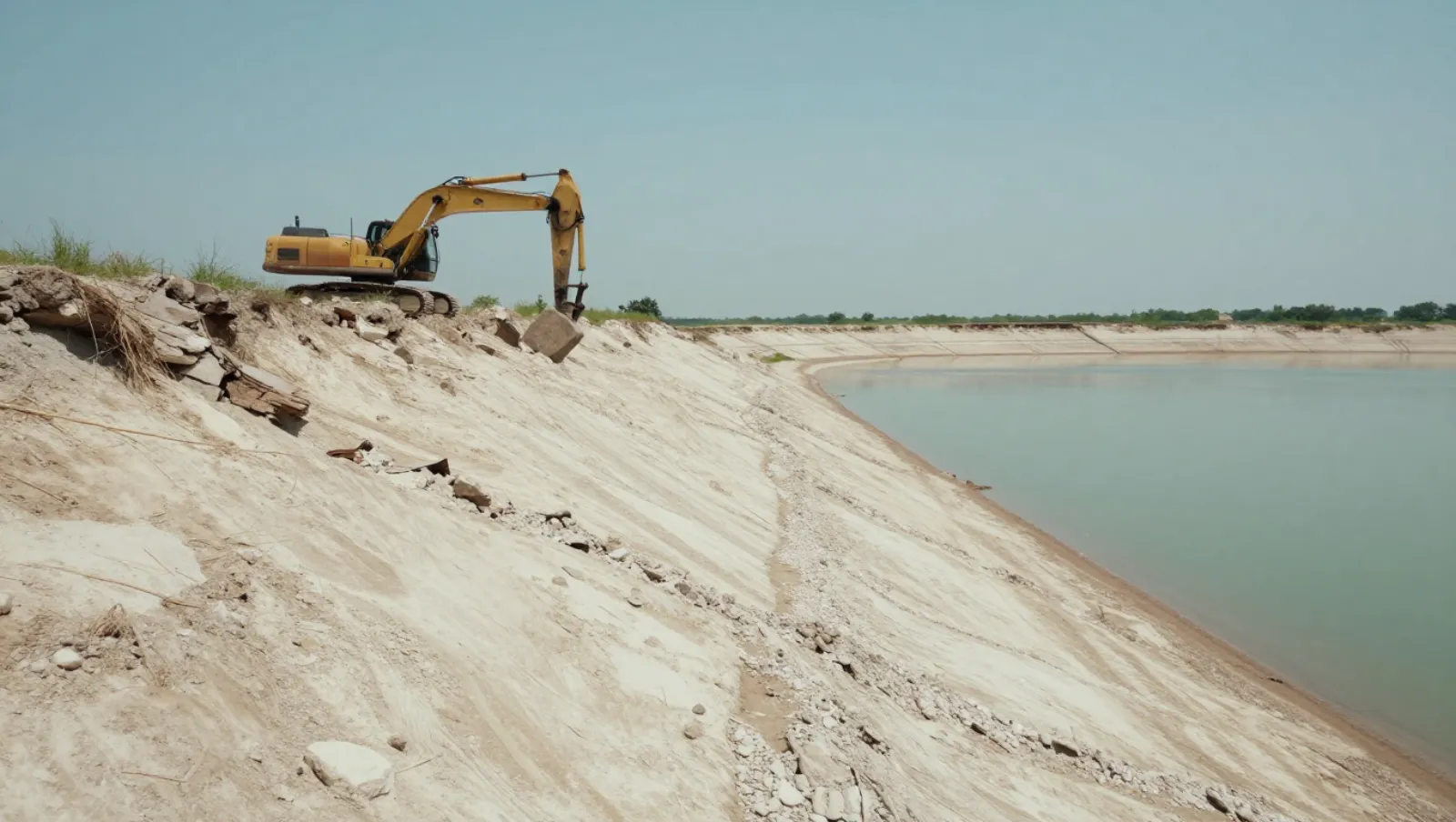 Yellow excavator operates on a sandy embankment beside water, scooping earth — Daniel Dean Land Clearing, Southeast Texas