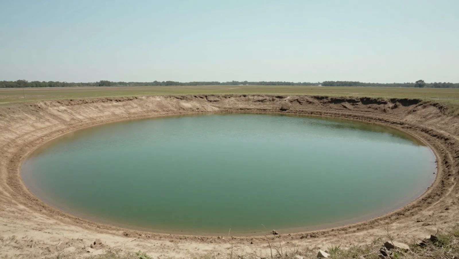 A circular excavated water reservoir sits in open grassland terrain; earthwork creates storage for irrigation — Daniel Dean Land Clearing, Southeast Texas