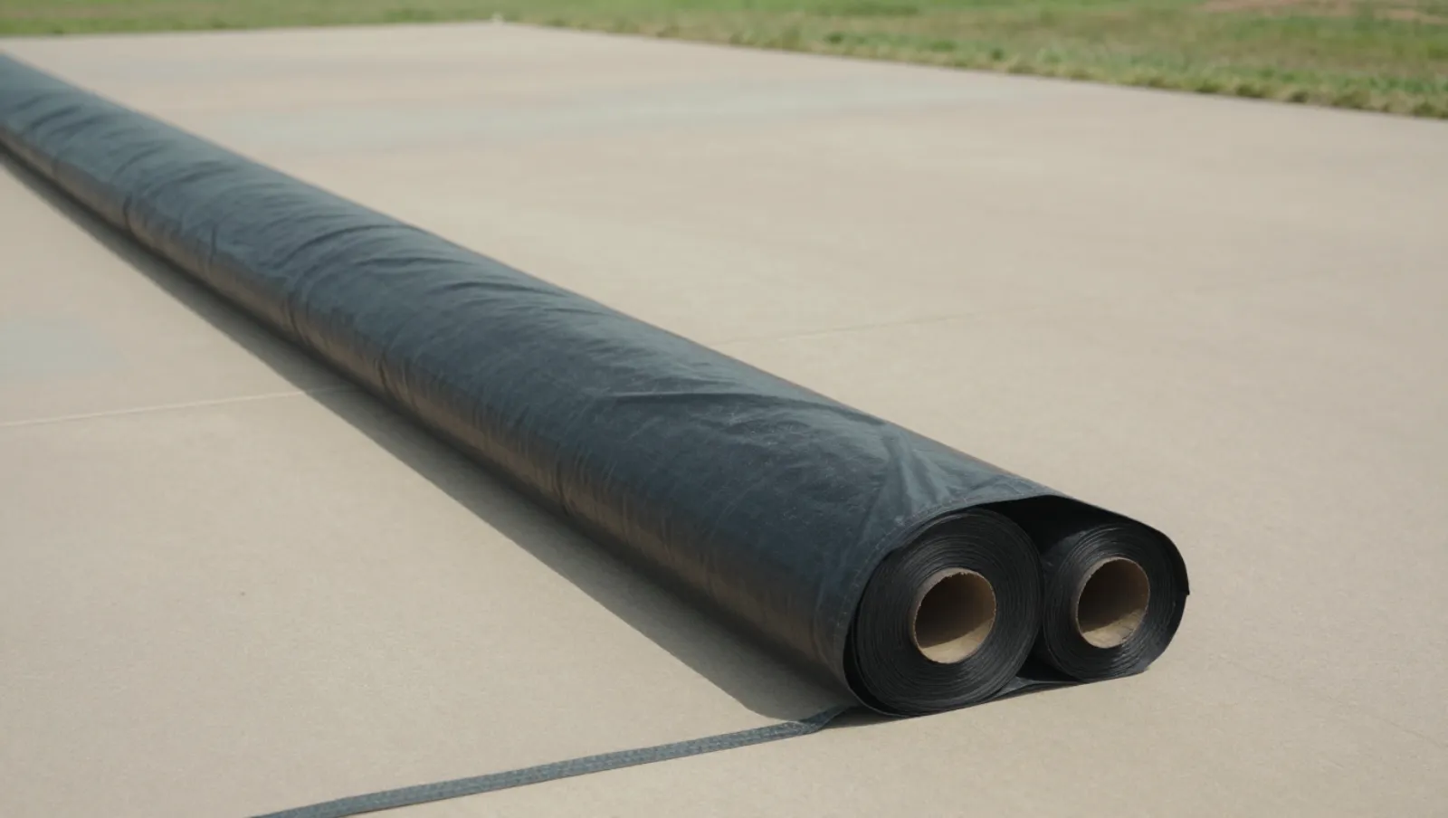No machinery visible; terrain is concrete pavement; work involves handling large sheeting roll — Daniel Dean Land Clearing, Southeast Texas