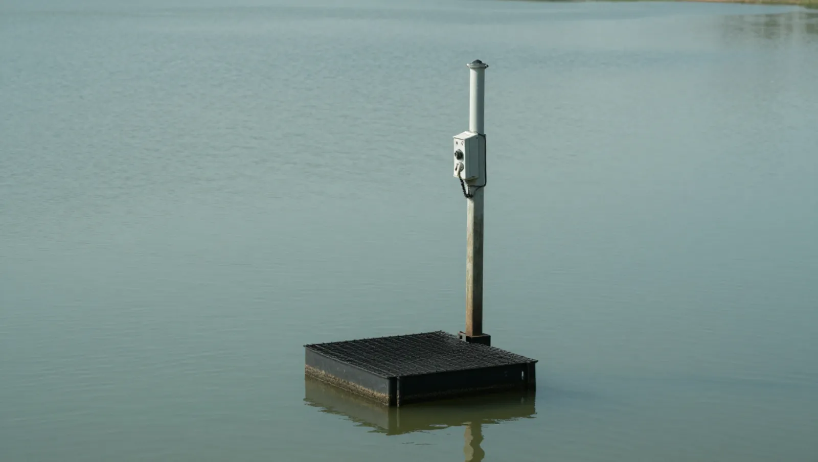 Floating platform holds float switch measuring water depth on calm waters — Daniel Dean Land Clearing, Southeast Texas