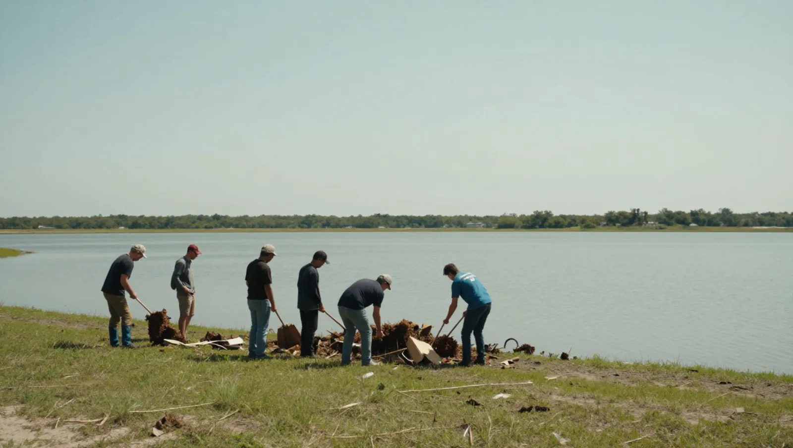 Pond Maintenance Services: How Often to Schedule Them? Six workers use shovels to clear debris on a grassy lakeshore terrain by calm water — Daniel Dean Land Clearing, Southeast Texas