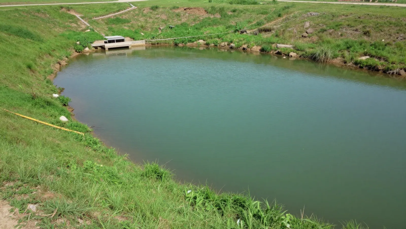 Grassy terrain borders a pond with concrete structures; yellow tubing lines shore for water maintenance — Daniel Dean Land Clearing, Southeast Texas