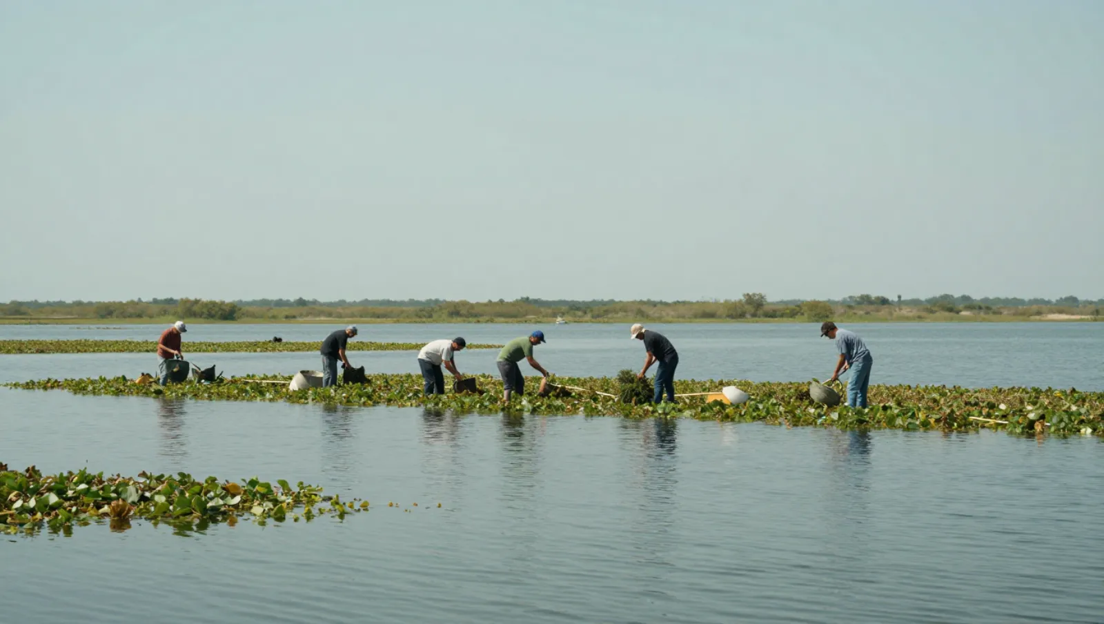 What Pond Maintenance Services Actually Do and Why They’re Important Six workers collect aquatic plants on a calm lake using buckets and bags amidst floating vegetation — Daniel Dean Land Clearing, Southeast Texas