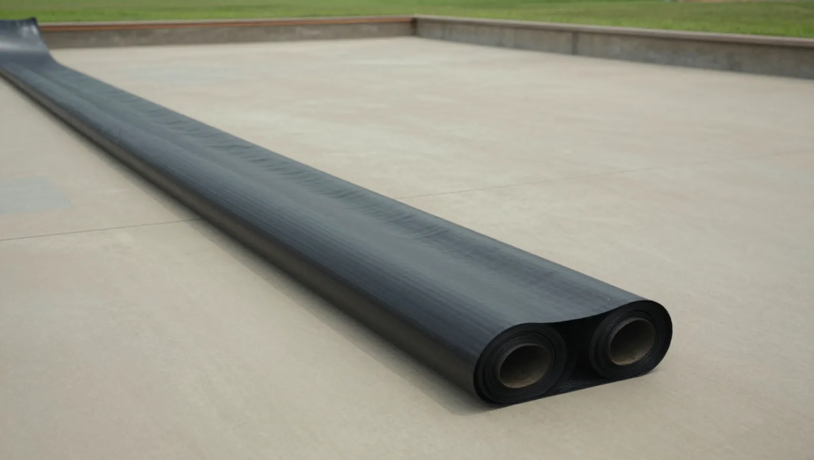 Rolled black geotextile lies on concrete terrain; work involves site preparation for construction — Daniel Dean Land Clearing, Southeast Texas