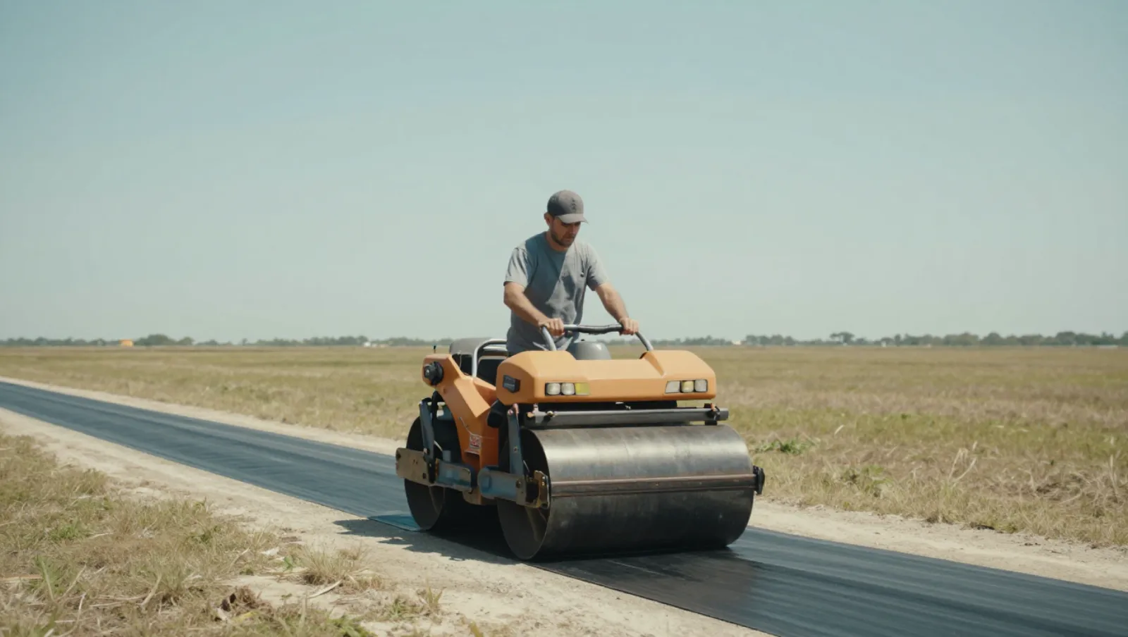 A man operates an orange road roller compacting new asphalt on a rural roadway in an open grassland — Daniel Dean Land Clearing, Southeast Texas
