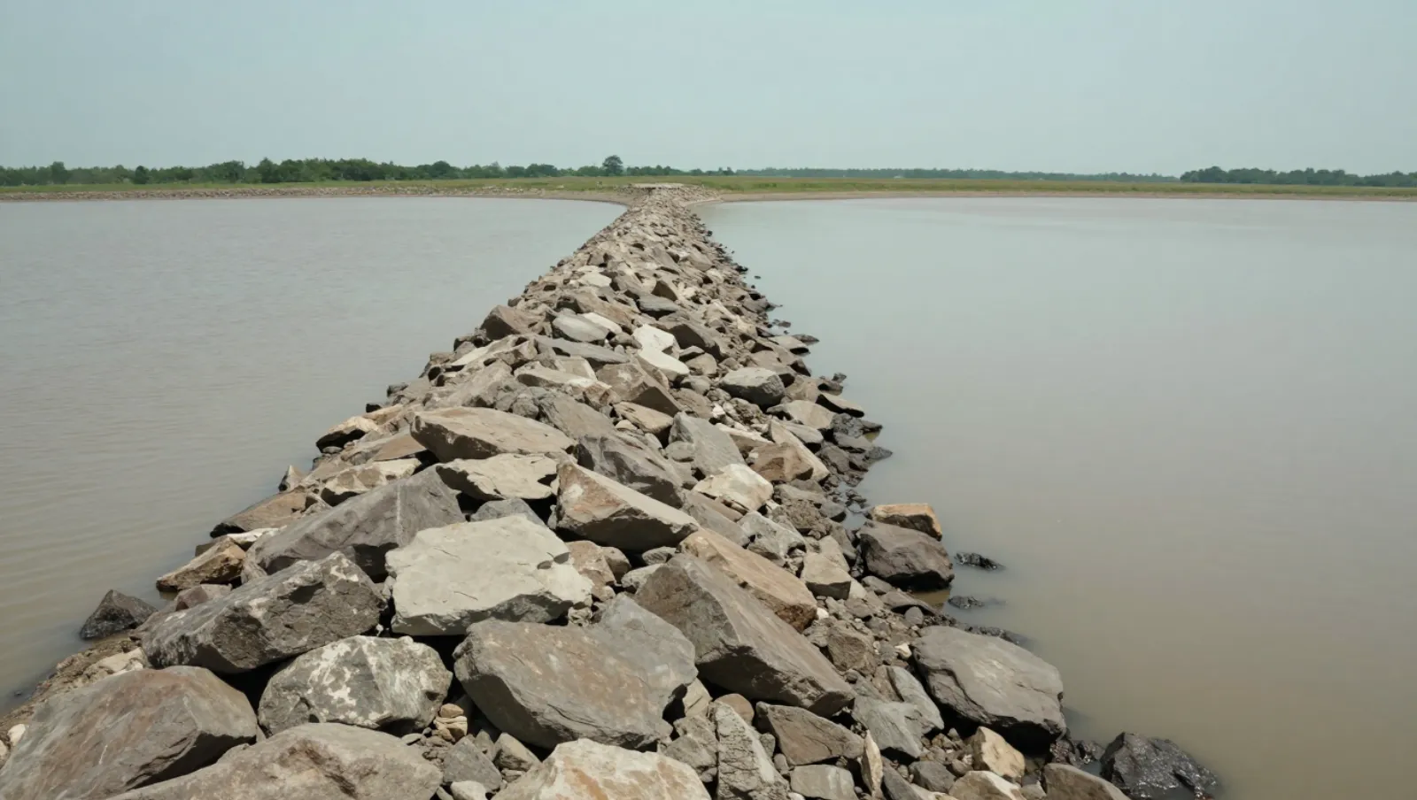 A rock breakwater spans both water bodies across flat terrain for river flow control with no visible machinery — Daniel Dean Land Clearing, Southeast Texas