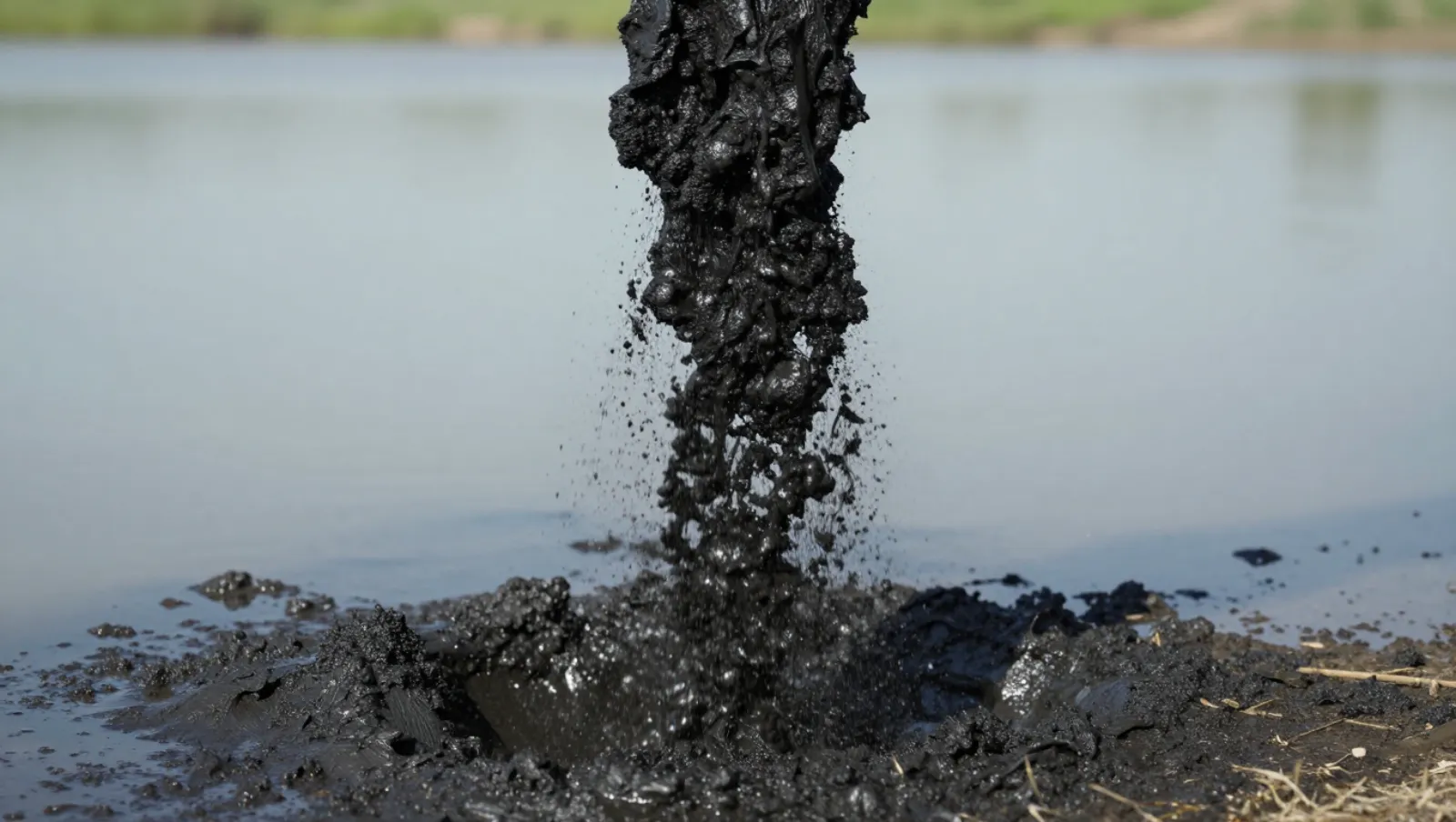 Removing Sludge From Pond: How to Keep It From Coming Back Black sludge from an oil pump flows onto a muddy riverbank during spill cleanup work — Daniel Dean Land Clearing, Southeast Texas