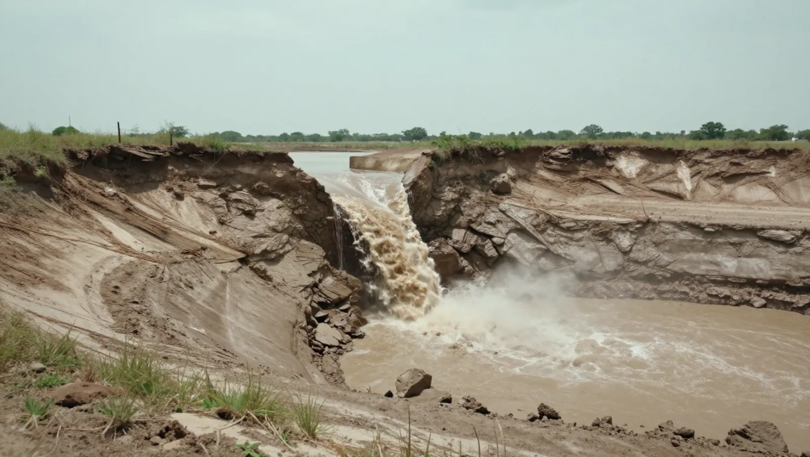 Silt Pond Maintenance Best Practices for Long-Term Efficiency Water spills through a breached earthen dam over excavated terrain during flood control construction — Daniel Dean Land Clearing, Southeast Texas