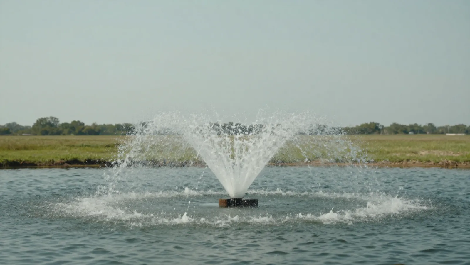 Site Grading and How to Prepare Land for a New Pond Fountain sprays water into a lake with grassy plain beyond — Daniel Dean Land Clearing, Southeast Texas