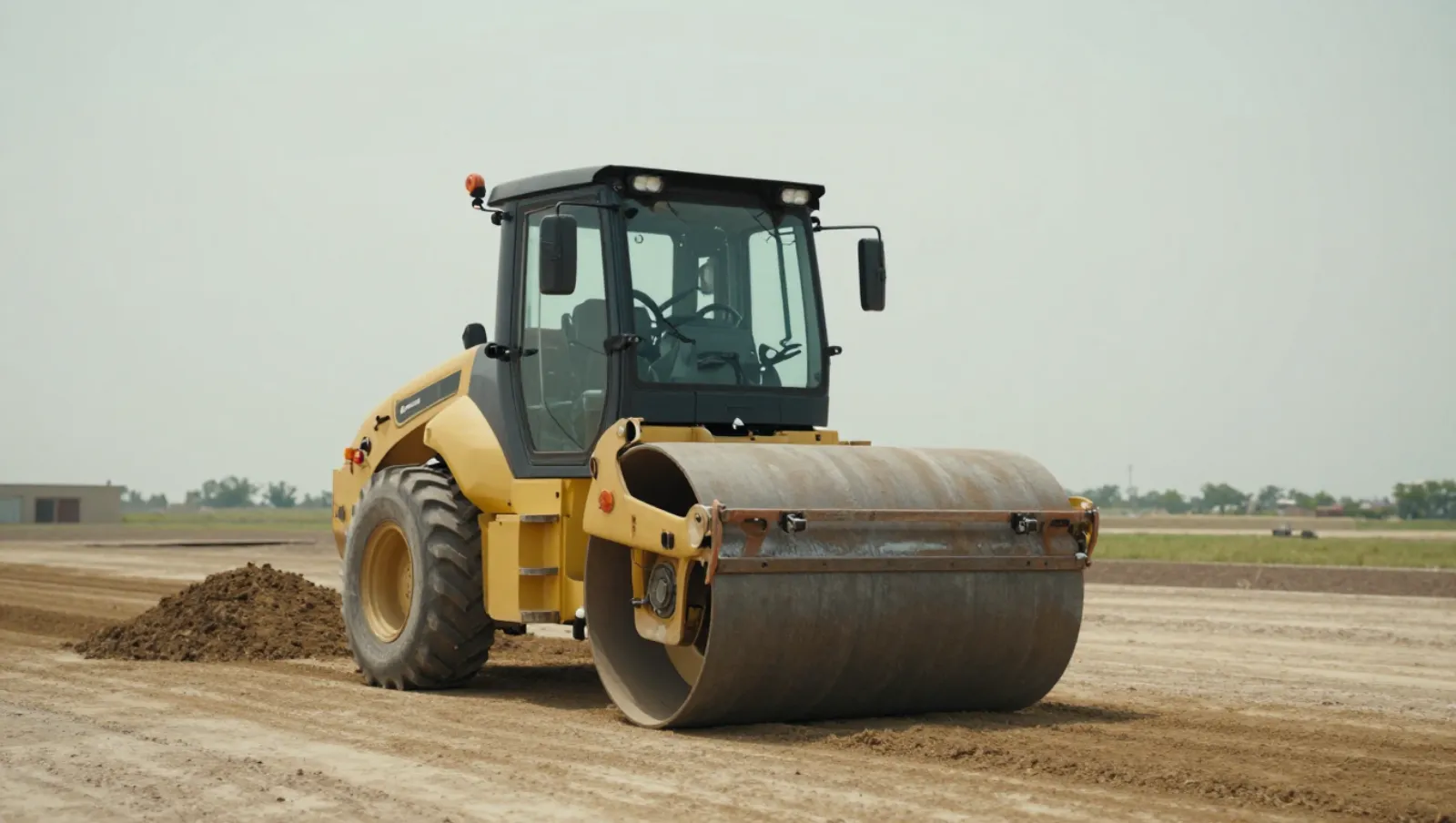 Yellow road roller compacts soil on an open dirt field — Daniel Dean Land Clearing, Southeast Texas