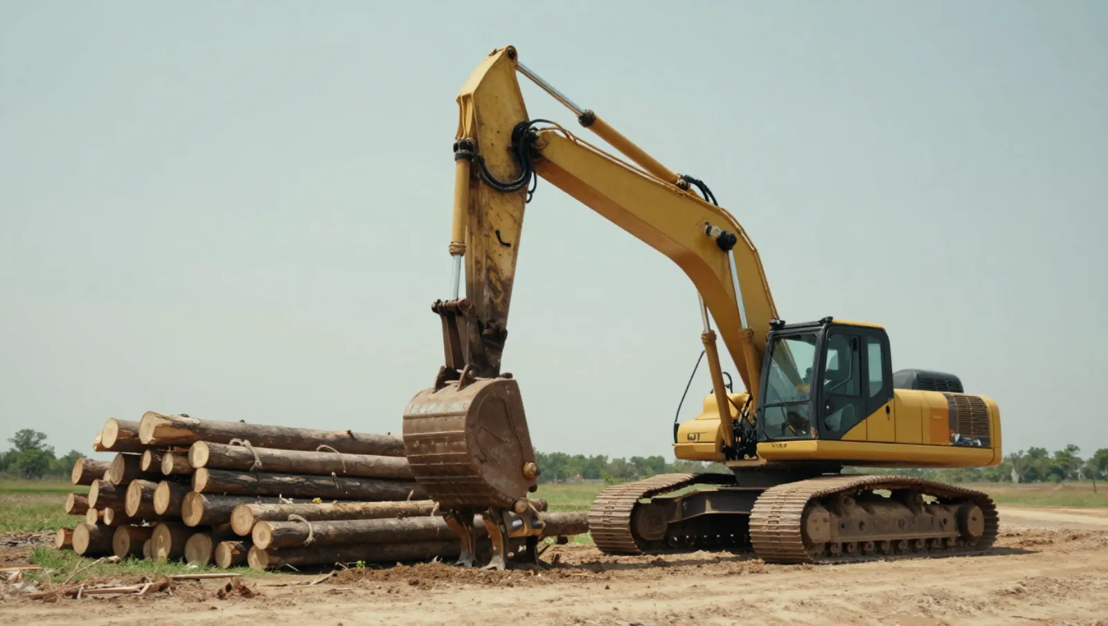 Yellow excavator moves stacked logs across a dirt field — Daniel Dean Land Clearing, Southeast Texas