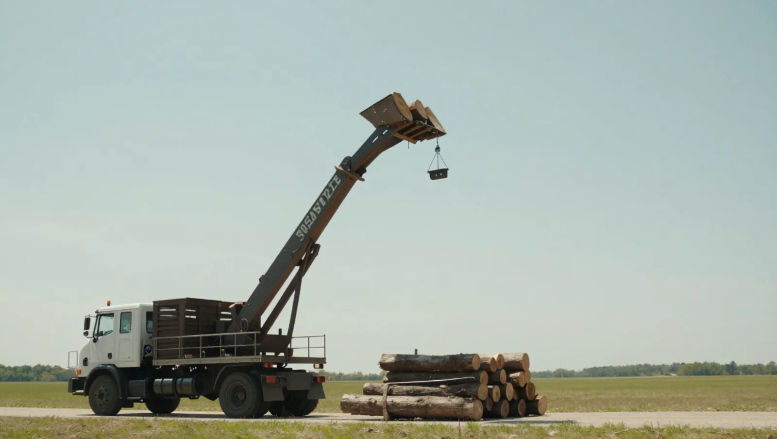 A logging crane truck lifts logs on a gravel path amid an open grassy field — Daniel Dean Land Clearing, Southeast Texas