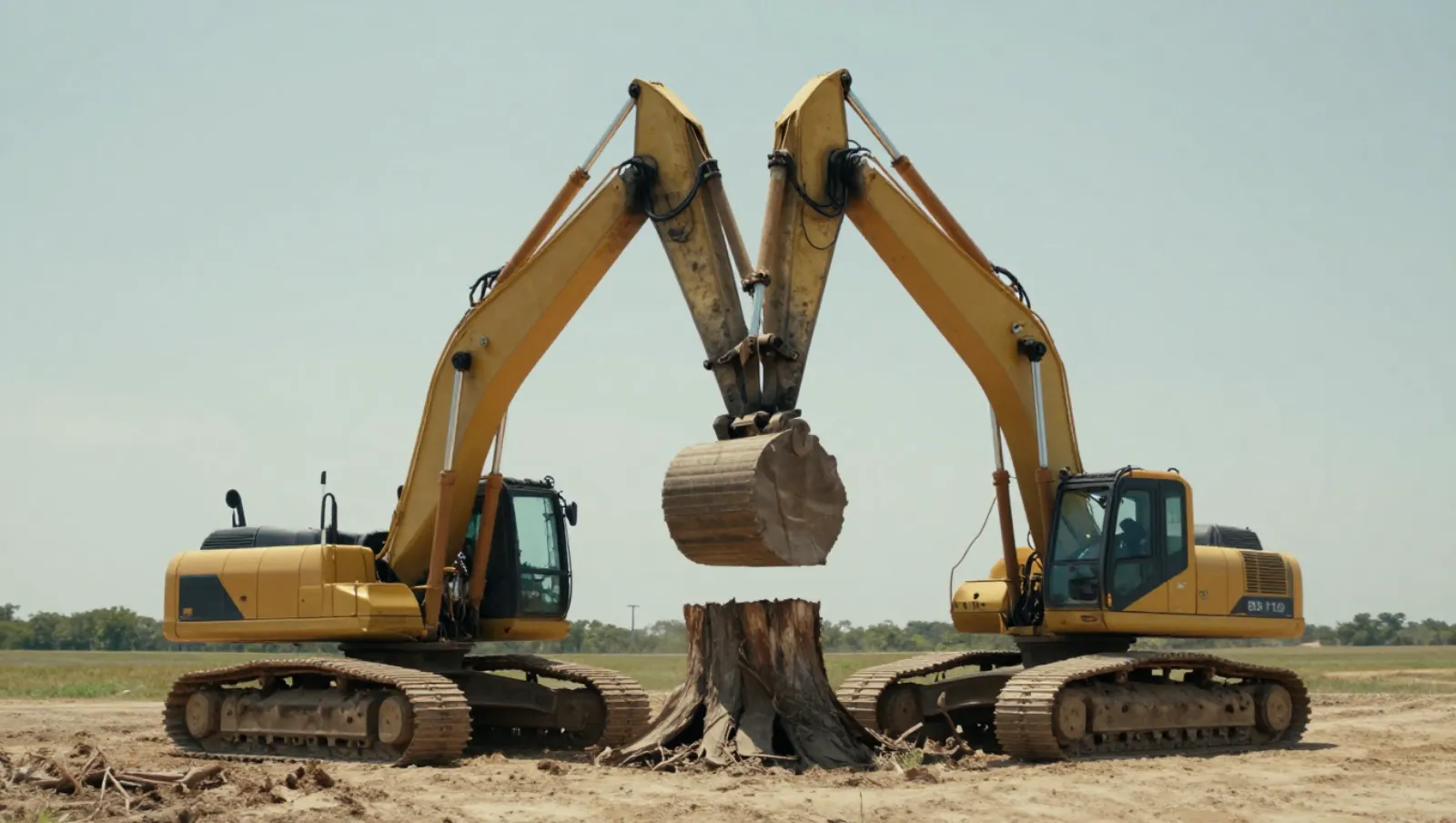 Tree Stump Removal Near Me: Clearing Land for New Foundation Two yellow excavators on a dirt field position a bucket above a felled tree trunk — Daniel Dean Land Clearing, Southeast Texas