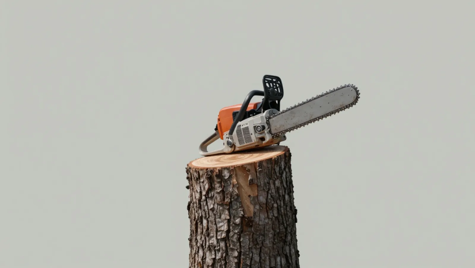 Orange chainsaw rests on a fresh-cut tree stump; terrain is wooden surface and work being done is resting — Daniel Dean Land Clearing, Southeast Texas