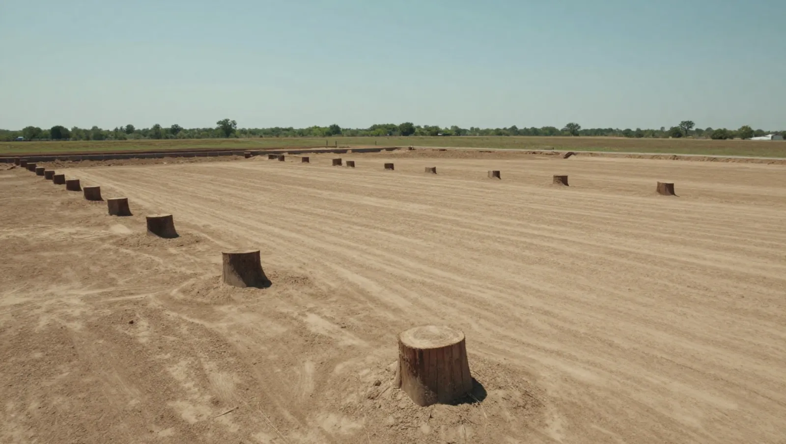 Flat dirt terrain with rows of tree stumps marks land clearing work; no machinery present — Daniel Dean Land Clearing, Southeast Texas