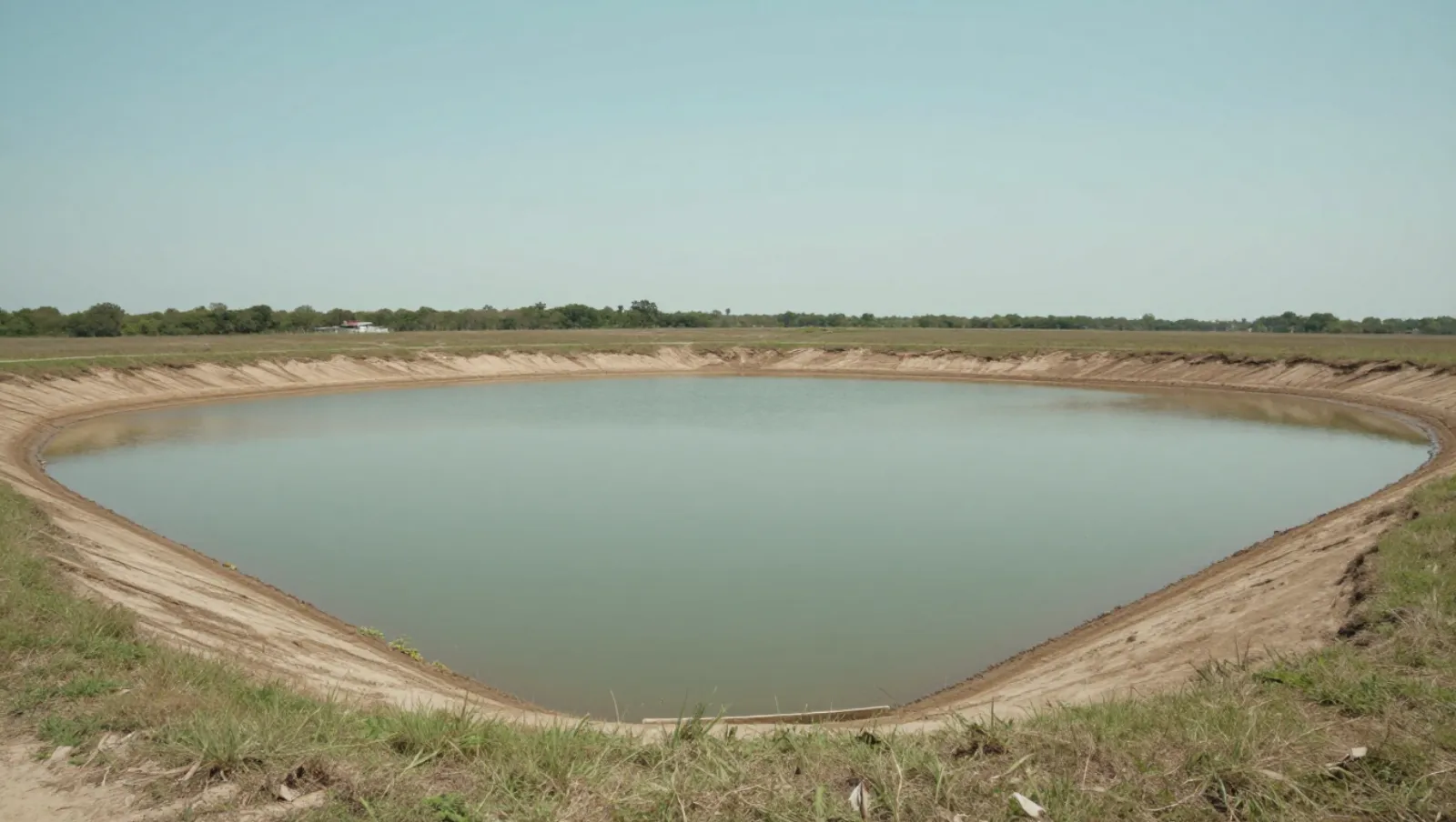 What Is Pond Sludge? Why DIY Treatments Fail – Dredging Wins Earth-moving machinery created a circular water reservoir on flat grassland; construction work for storage — Daniel Dean Land Clearing, Southeast Texas