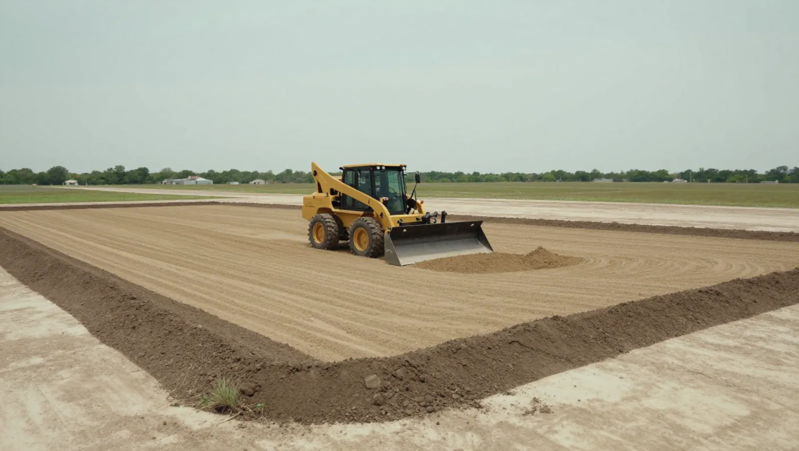 Arena and trail construction in Houston, Texas — work underway Yellow backhoe loader moves soil across a flat construction site terrain — riding arena and trail construction in Houston, Texas