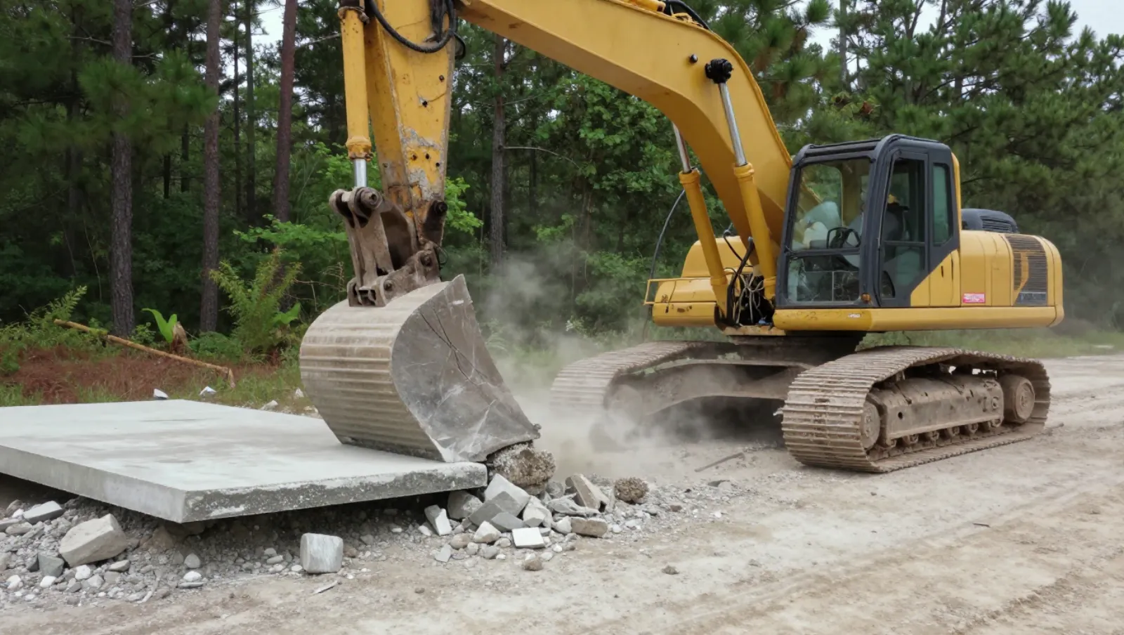 Demolition in Conroe, Texas — work underway Yellow excavator breaks concrete slab on gravel terrain surrounded by forested area — demolition in Conroe, Texas
