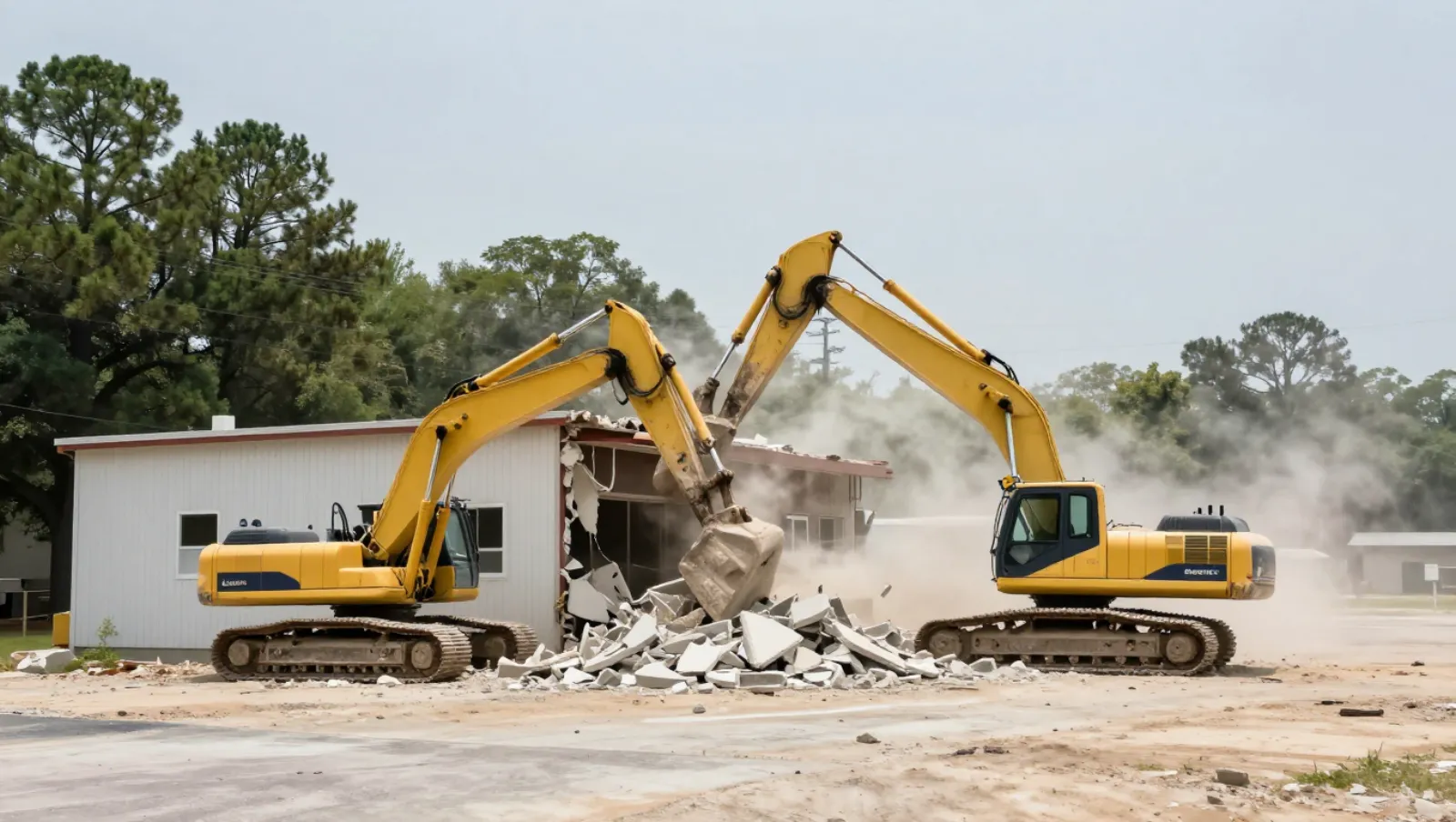 Demolition in Conroe, Texas — Daniel Dean Land Clearing Two yellow excavators demolish a building on dirt terrain, creating rubble and dust — demolition in Conroe, Texas