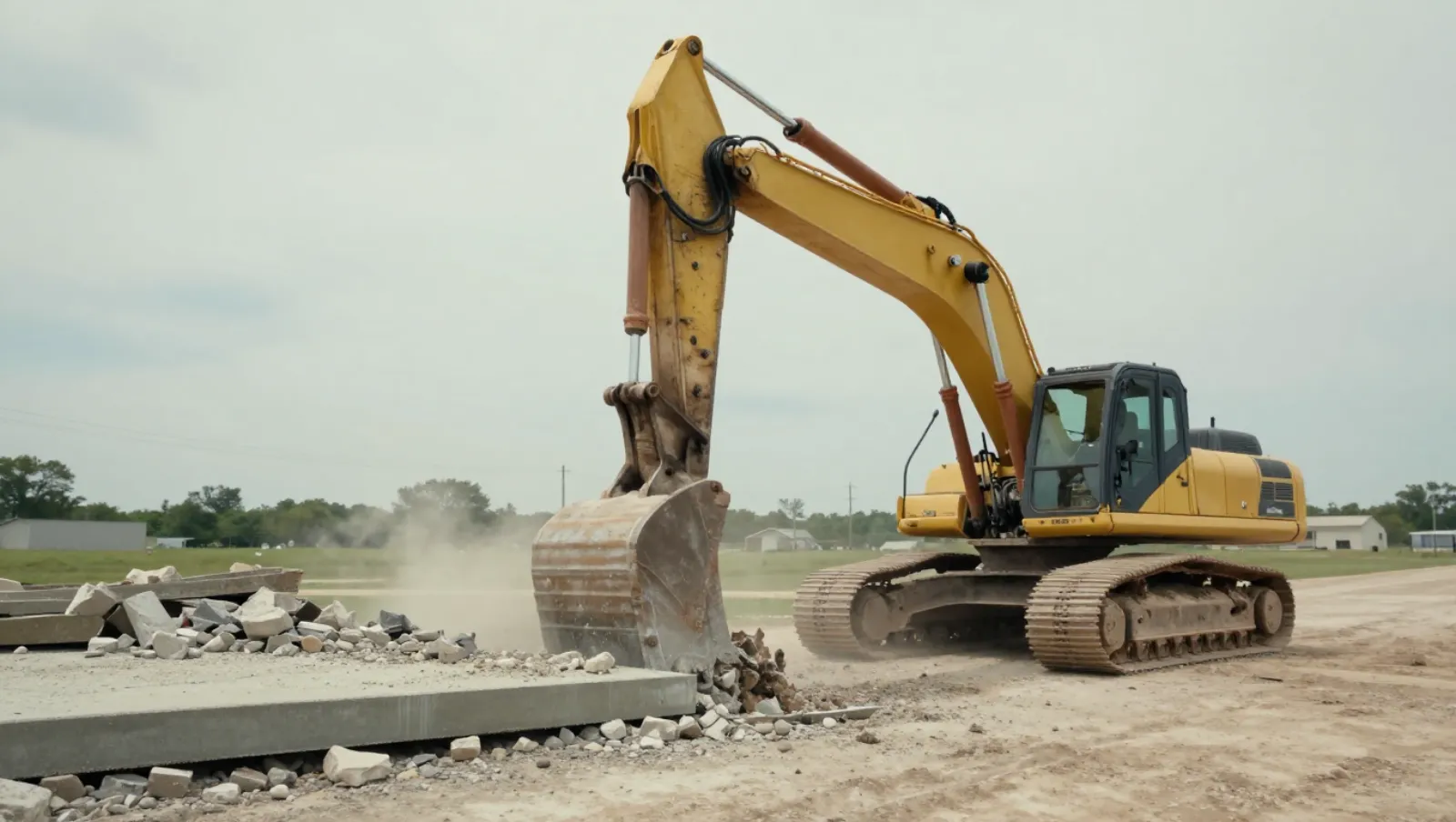 Demolition in Cypress, Texas — work underway Yellow excavator breaks concrete blocks on a dusty construction site — demolition in Cypress, Texas