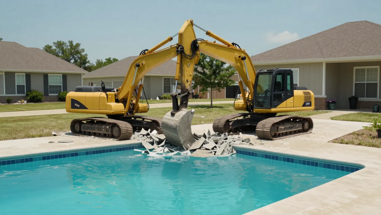 Demolition in Cypress, Texas — Daniel Dean Land Clearing Two yellow excavators demolish pool tiles on a residential property near a swimming pool — demolition in Cypress, Texas