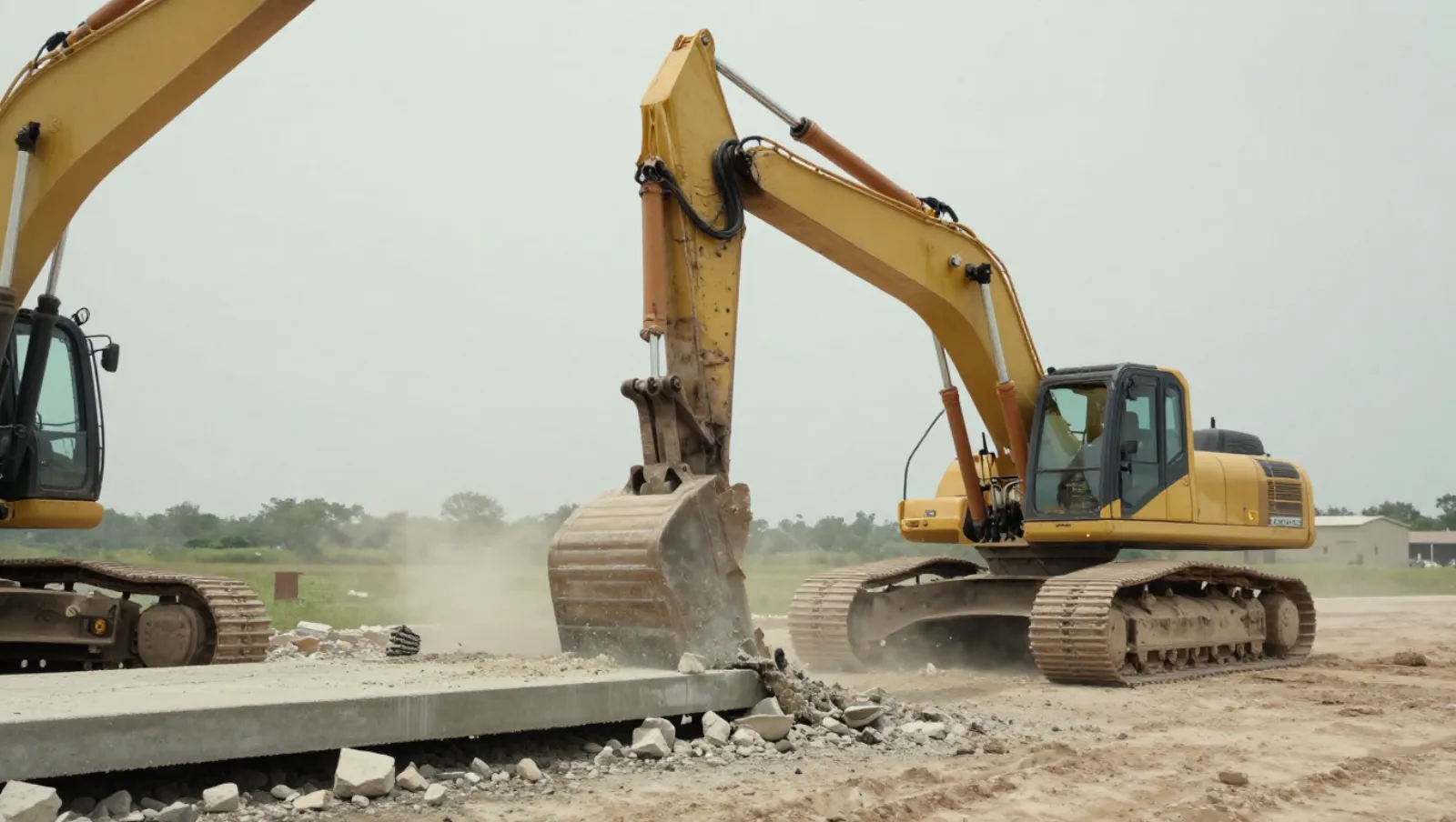 Demolition in Houston, Texas — work underway Two yellow excavators break a concrete slab on a dusty construction site — demolition in Houston, Texas